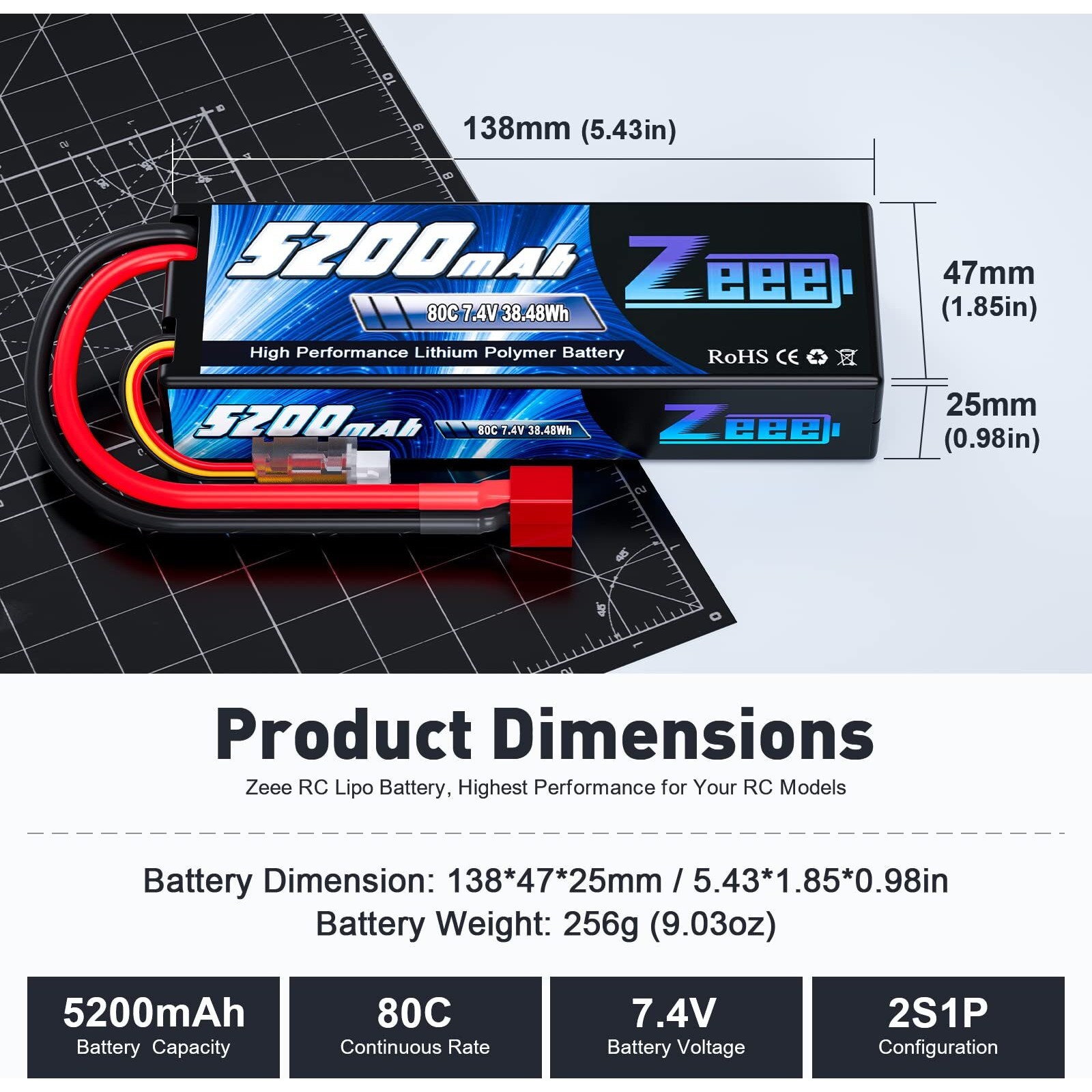 Zeee 2S 5200Mah Lipo Battery 7.4V 80C Hard Case Battery With Deans Plug Compatible For 1/8 1/10 Rc Vehicles Car Slash Rc Buggy Truggy Rc Airplane Racing Models(2 Pack)