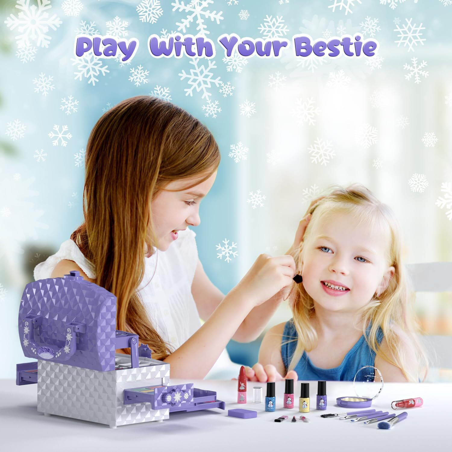 Perryhome Kids Makeup Set For Girl 56 Pcs Washable Real Cosmetic, Non-Toxic Frozen Toys Toddler Makeup Kit, Frozen Princess Dress Up Game Christmas & Birthday Girl Gift For 3-12(Frozen Purple)