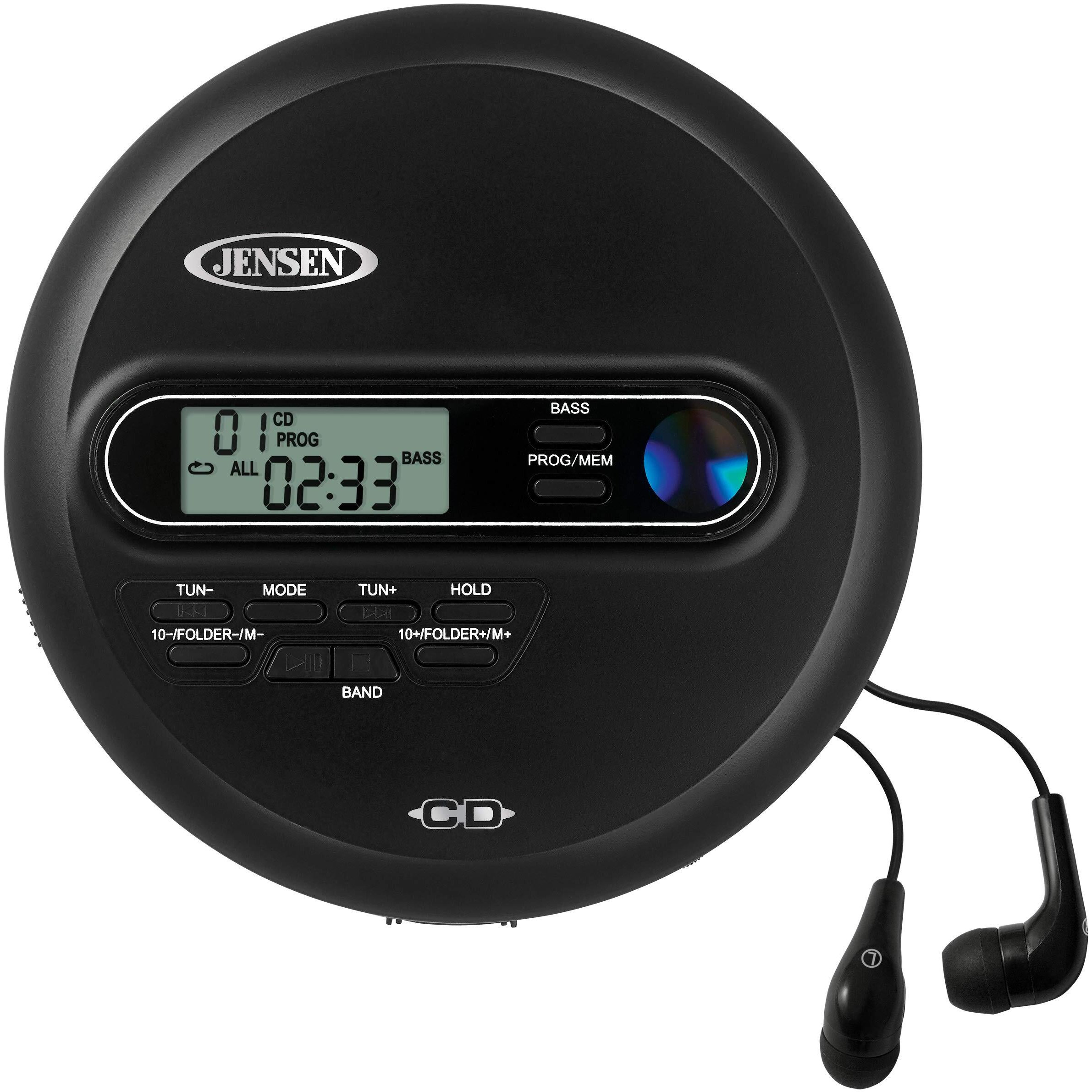 Jensen Cd-65 Portable Personal Cd Player Cd/Mp3 Player + Digital Am/Fm Radio + With Lcd Display Bass Boost 60-Second Anti Skip Cd R/Rw/Compatible Sport Earbuds Included (Black Limited Edition Series)