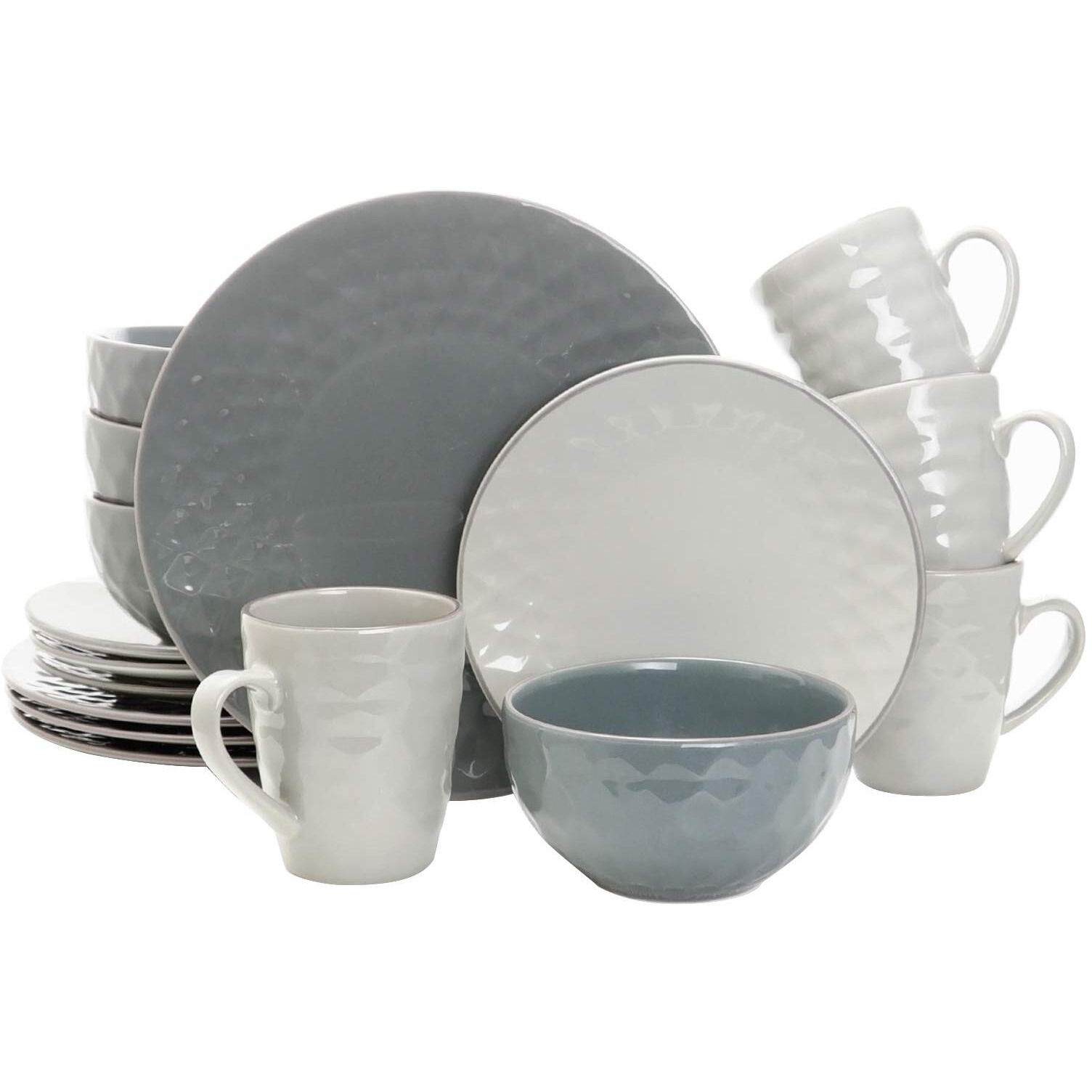 Elama Round Tahitian Stoneware Pearl Collection Dinnerware Dish Set, 16 Piece, Slate And Stone Gray