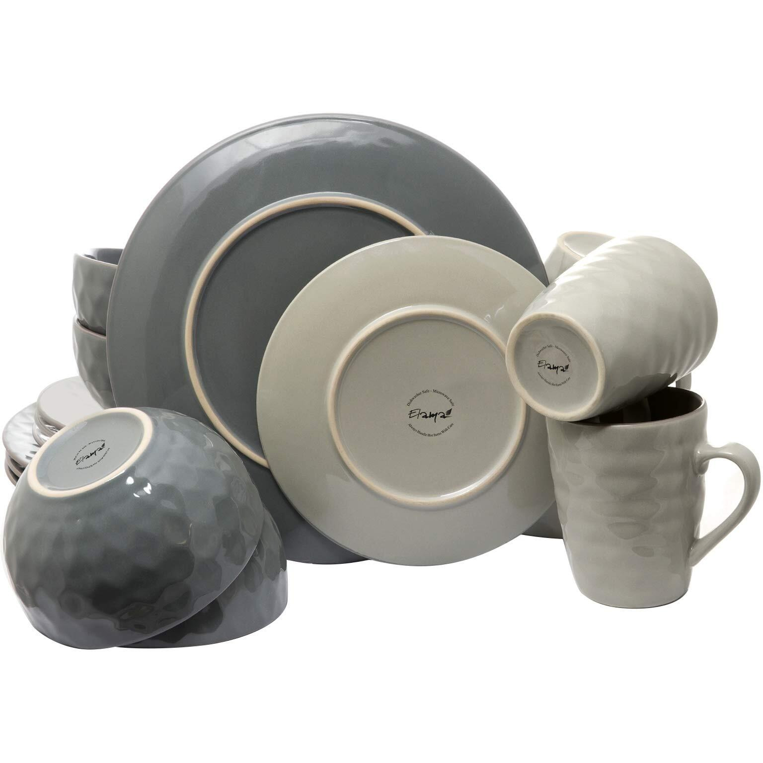 Elama Round Tahitian Stoneware Pearl Collection Dinnerware Dish Set, 16 Piece, Slate And Stone Gray