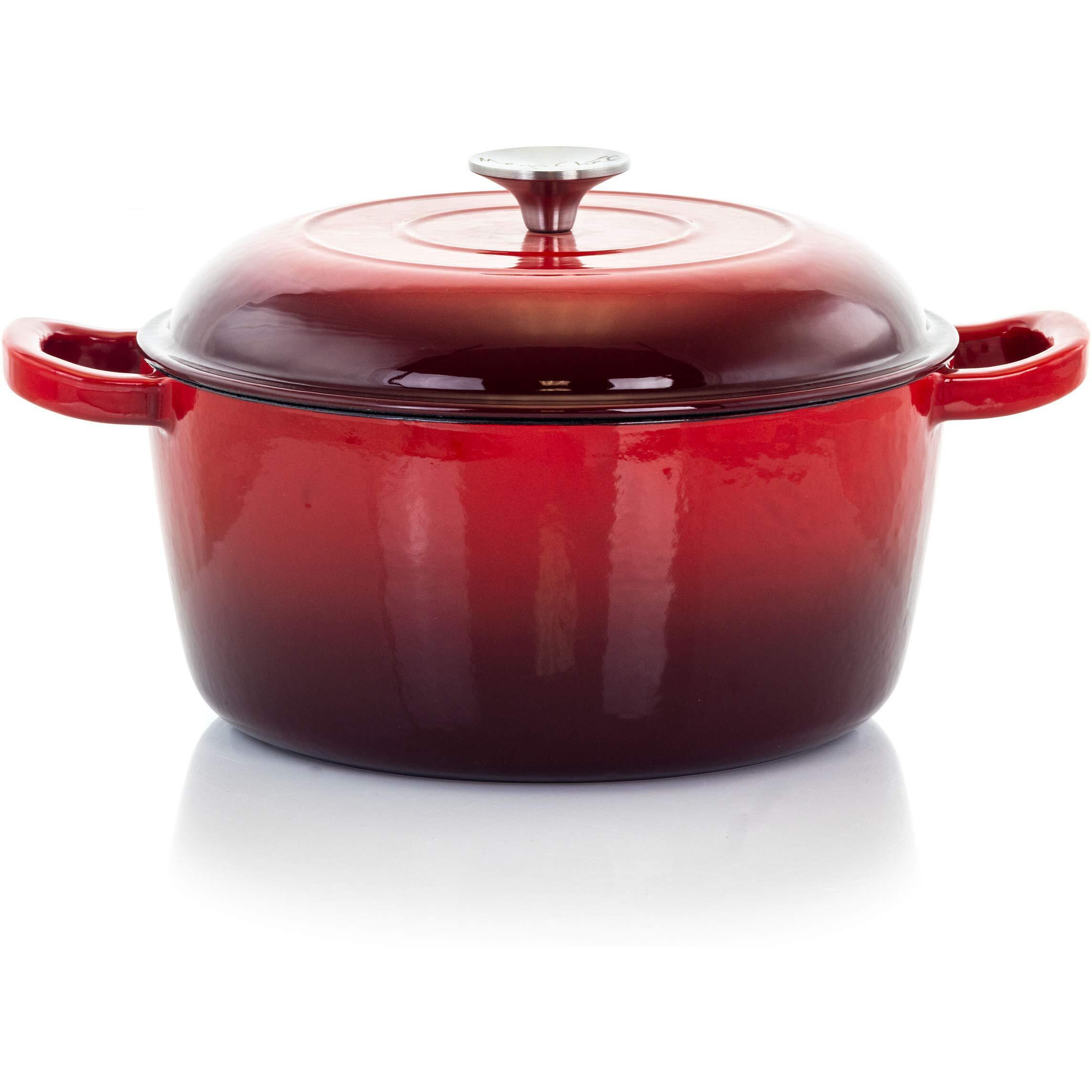 Megachef Round Enamel Cast Iron Casserole With Lid, 5 Quart, Red