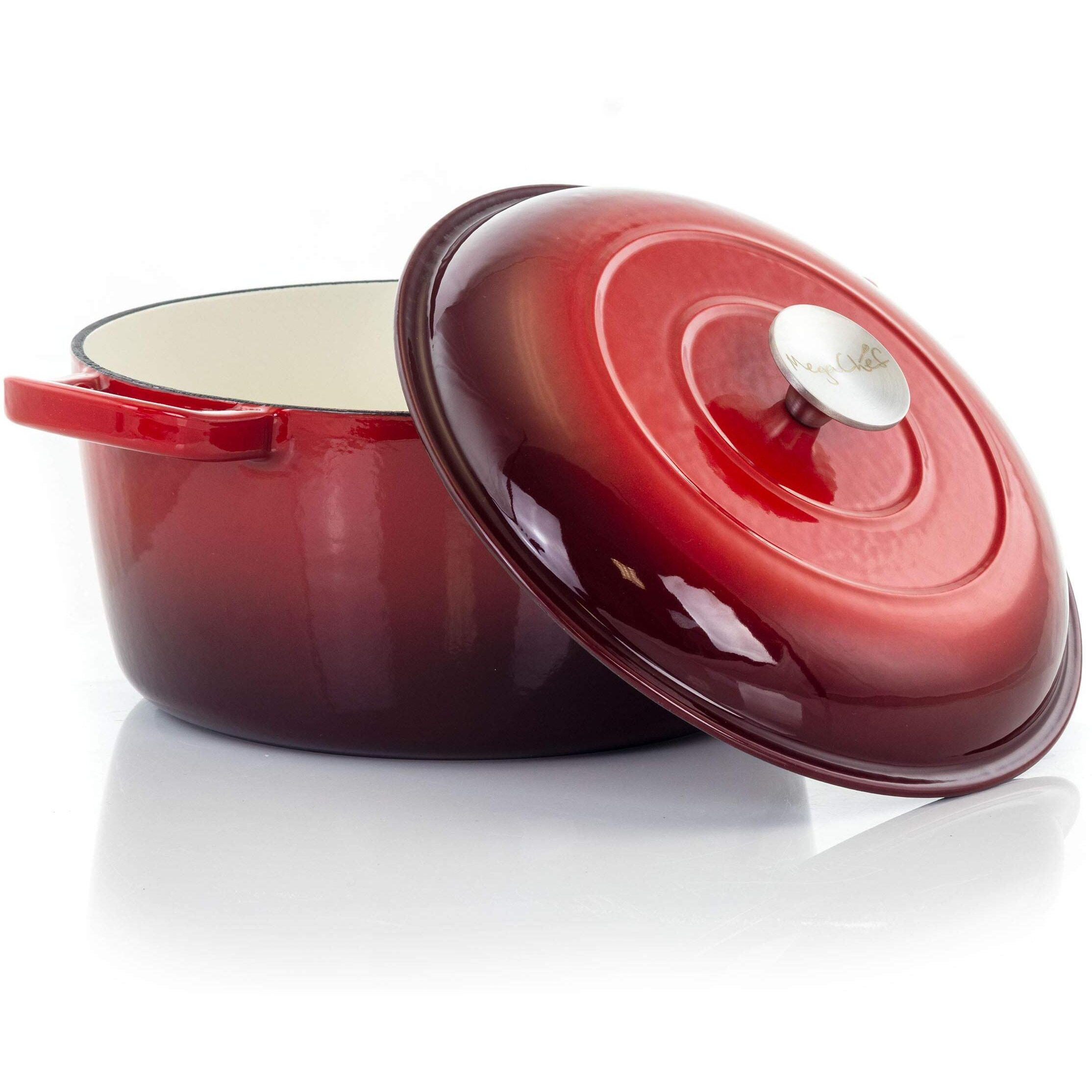 Megachef Round Enamel Cast Iron Casserole With Lid, 5 Quart, Red