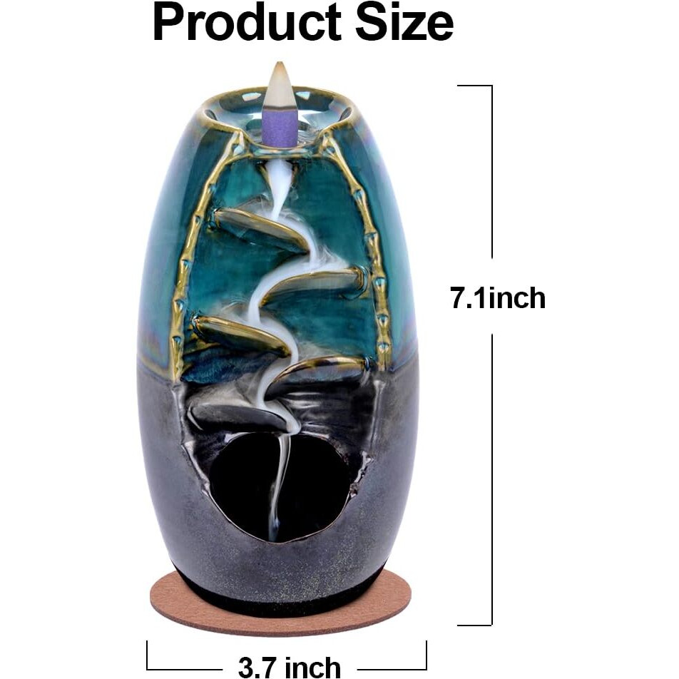 Spacekeeper Ceramic Backflow Incense Holder And Burner Waterfall, With 120 Backflow Incense Cones + 30 Incense Stick, Aromatherapy Ornament Home Decor, Blue Set