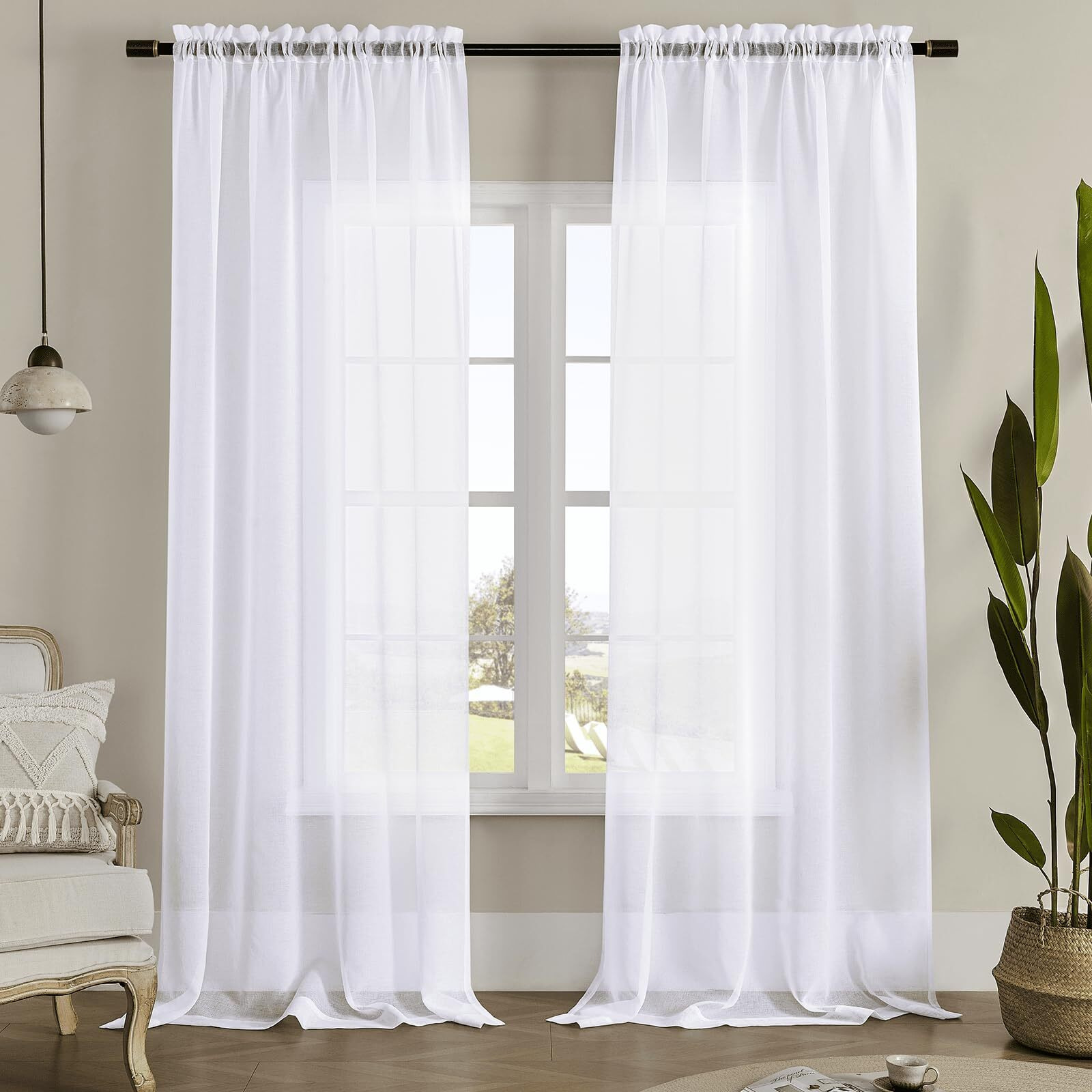 Mystic-Home White Sheer Curtains 84 Inches Long, Rod Pocket Sheer Drapes For Living Room, Bedroom, 2 Panels, 52"&quotX84"", Semi Crinkle Voile Window Treatments For Yard, Patio, Villa, Parlor