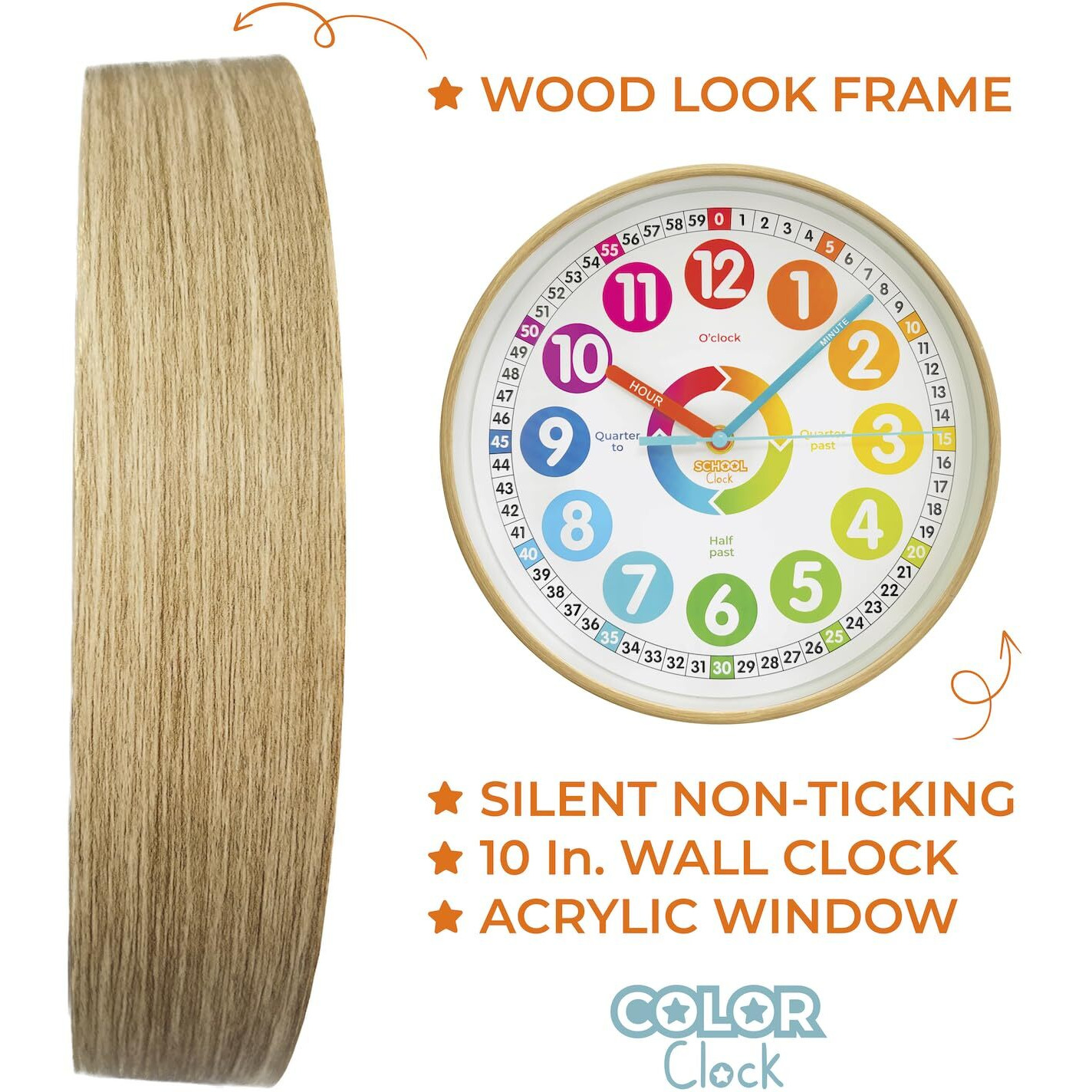 Animal Preschool Clock - Time Teacher 10 Inch Educational Silent Wall Clock With Wood Look Frame - Easy To Read Dial For Teacher's Classrooms, Preschooler's Bedroom & Children Playroom