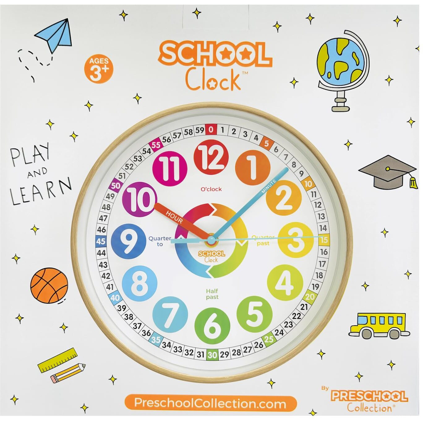 Animal Preschool Clock - Time Teacher 10 Inch Educational Silent Wall Clock With Wood Look Frame - Easy To Read Dial For Teacher's Classrooms, Preschooler's Bedroom & Children Playroom
