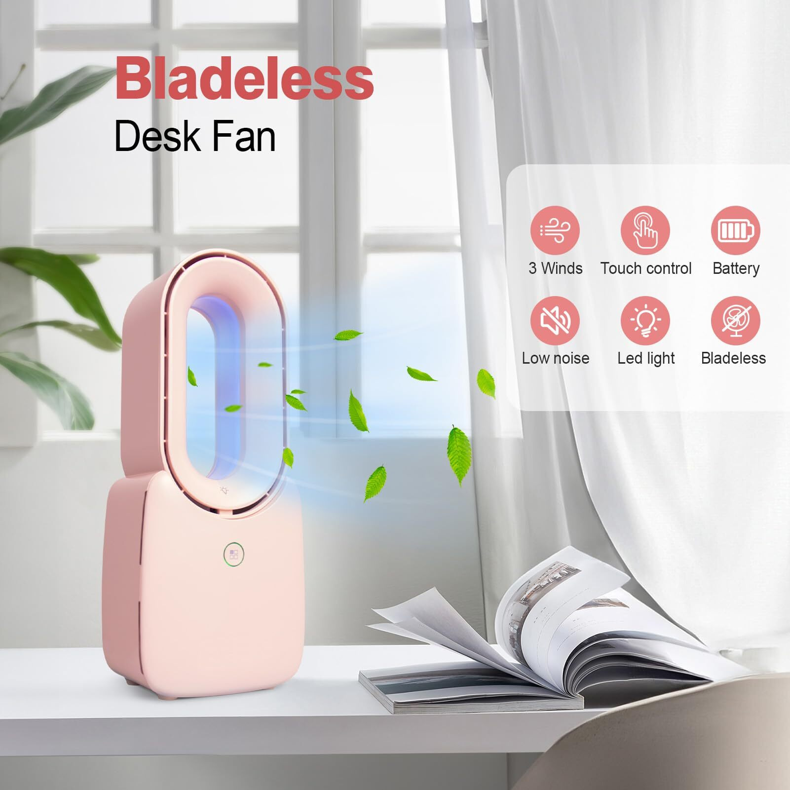Conbola Desk Fan, 11.8 Inch Bladeless Fan Small Table Fan Air Cooler, Portable Rechargeable Breeze Quiet Fan With Touch Control 5-Colors Decorative Led Light For Office Bedroom(Green)