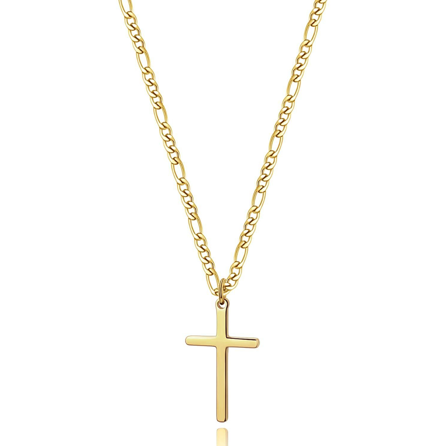 14K Gold Filled Cross Necklace For Men Figaro Chain Stainless Steel Plain Polished Cross Pendant Necklace Simple Faith Jewelry Gift For Women 18""