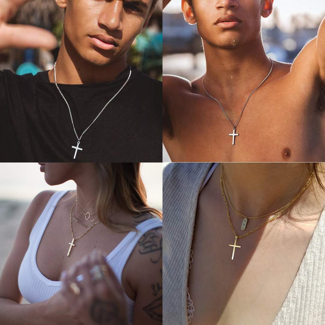 14K Gold Filled Cross Necklace For Men Figaro Chain Stainless Steel Plain Polished Cross Pendant Necklace Simple Faith Jewelry Gift For Women 18""