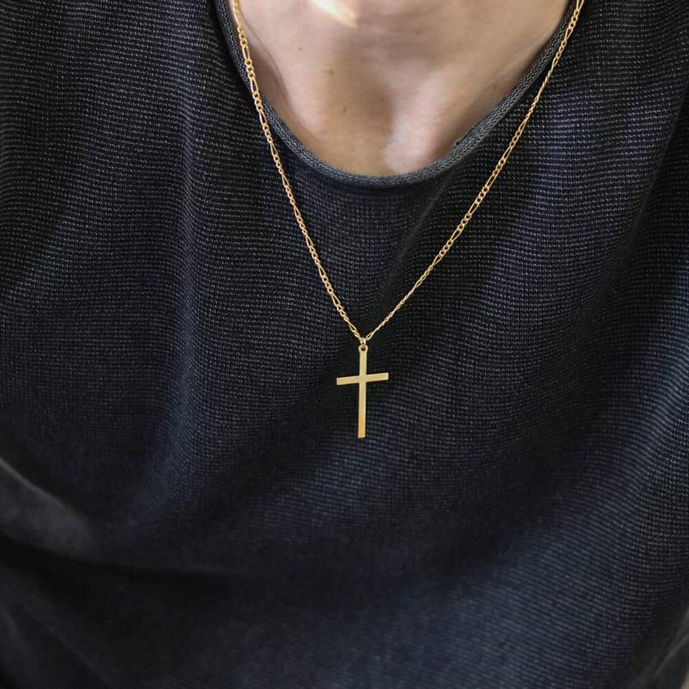 14K Gold Filled Cross Necklace For Men Figaro Chain Stainless Steel Plain Polished Cross Pendant Necklace Simple Faith Jewelry Gift For Women 18""