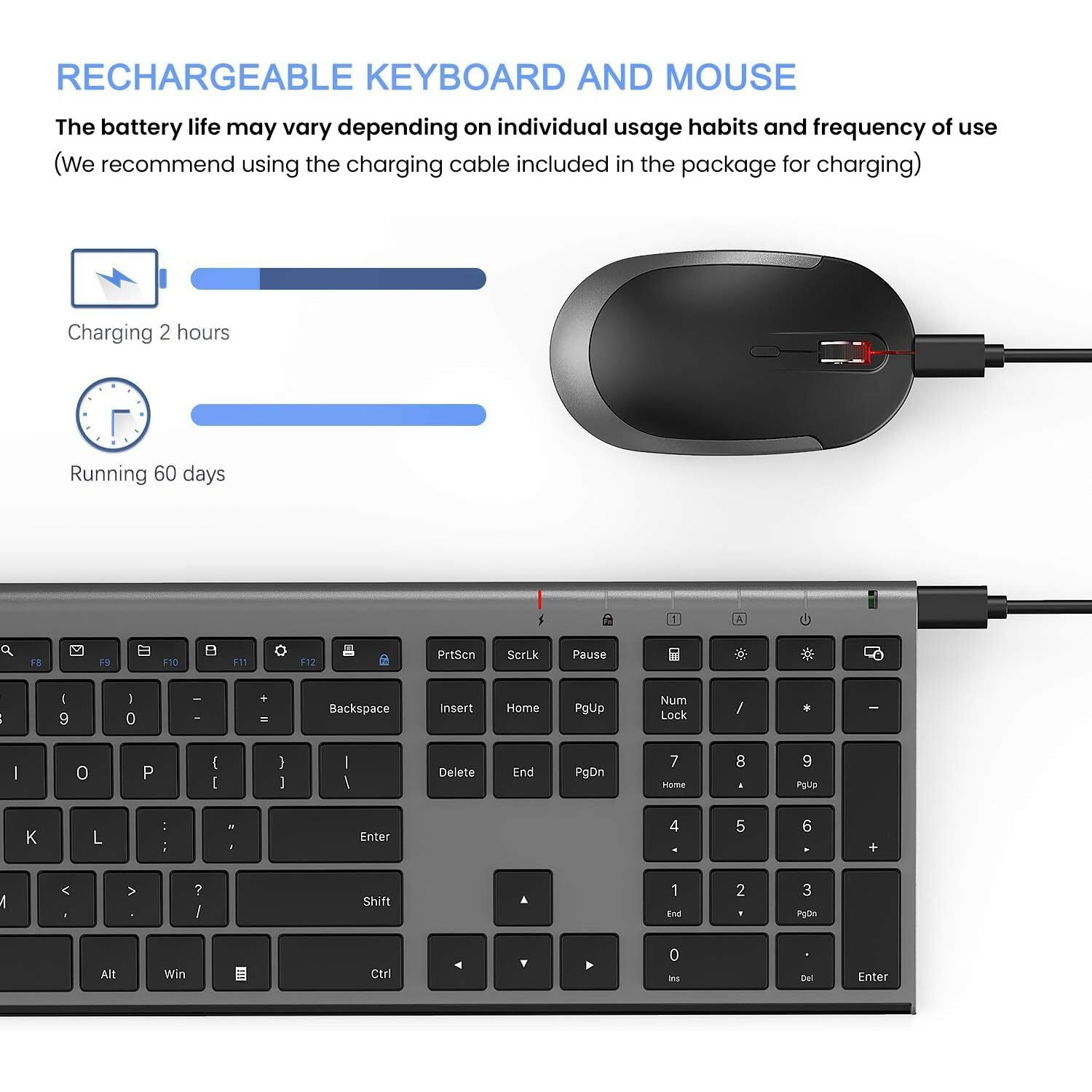 Wireless Keyboard And Mouse, Vssoplor Rechargeable Quiet Full-Size Keyboard And Mouse Combo Set Ultra Slim Design For Laptop, Pc, Notebook, Desktop-Dark Gray