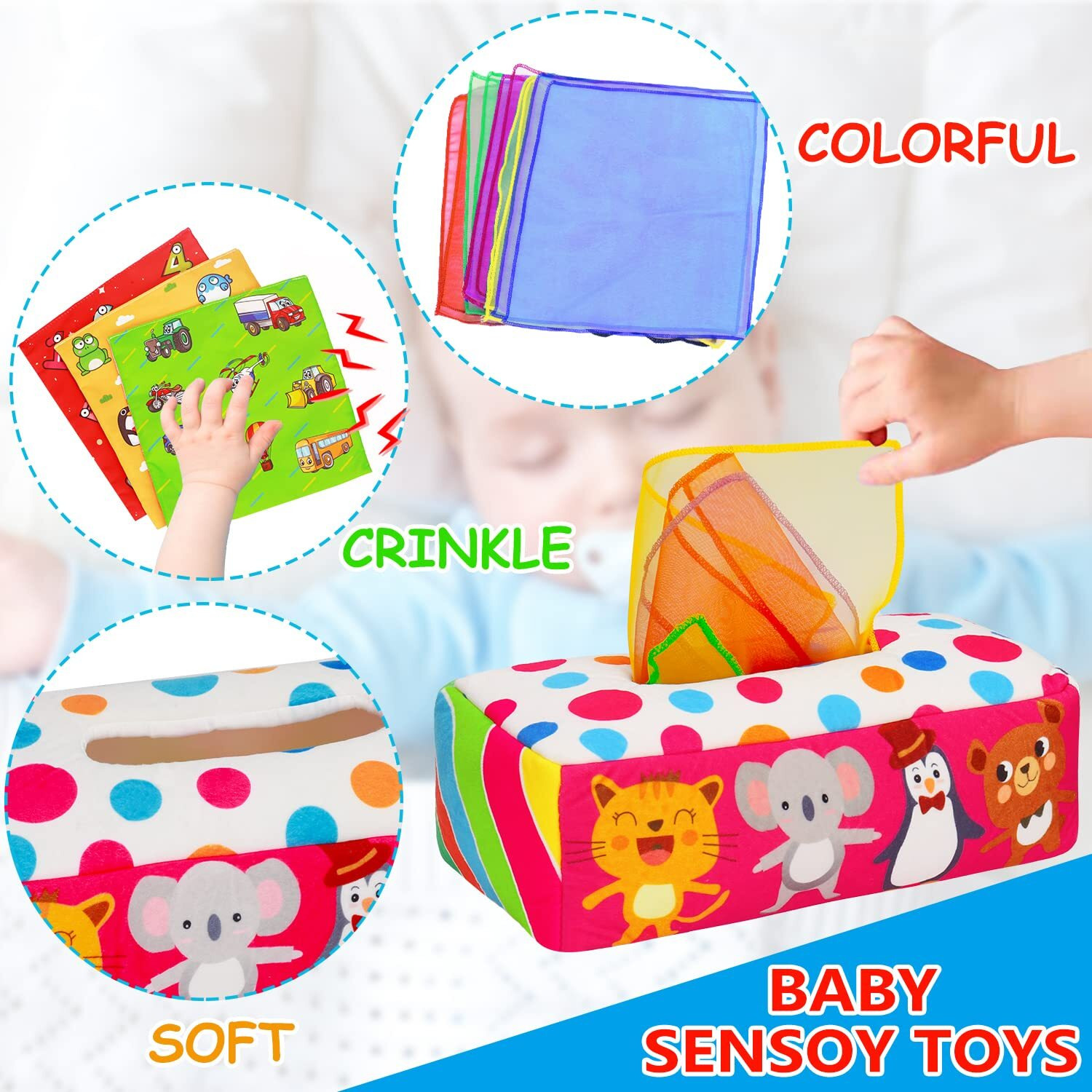 Thremhoo Baby Toys 3 4 5 6 7 8 9 12 Month Old Montessori Tissue Box Toys For Babies Infants 0-6 6-12 Months Sensory Educational Crinkle Toy Developmental For 1 2 Year Old Boys Girls Toddlers