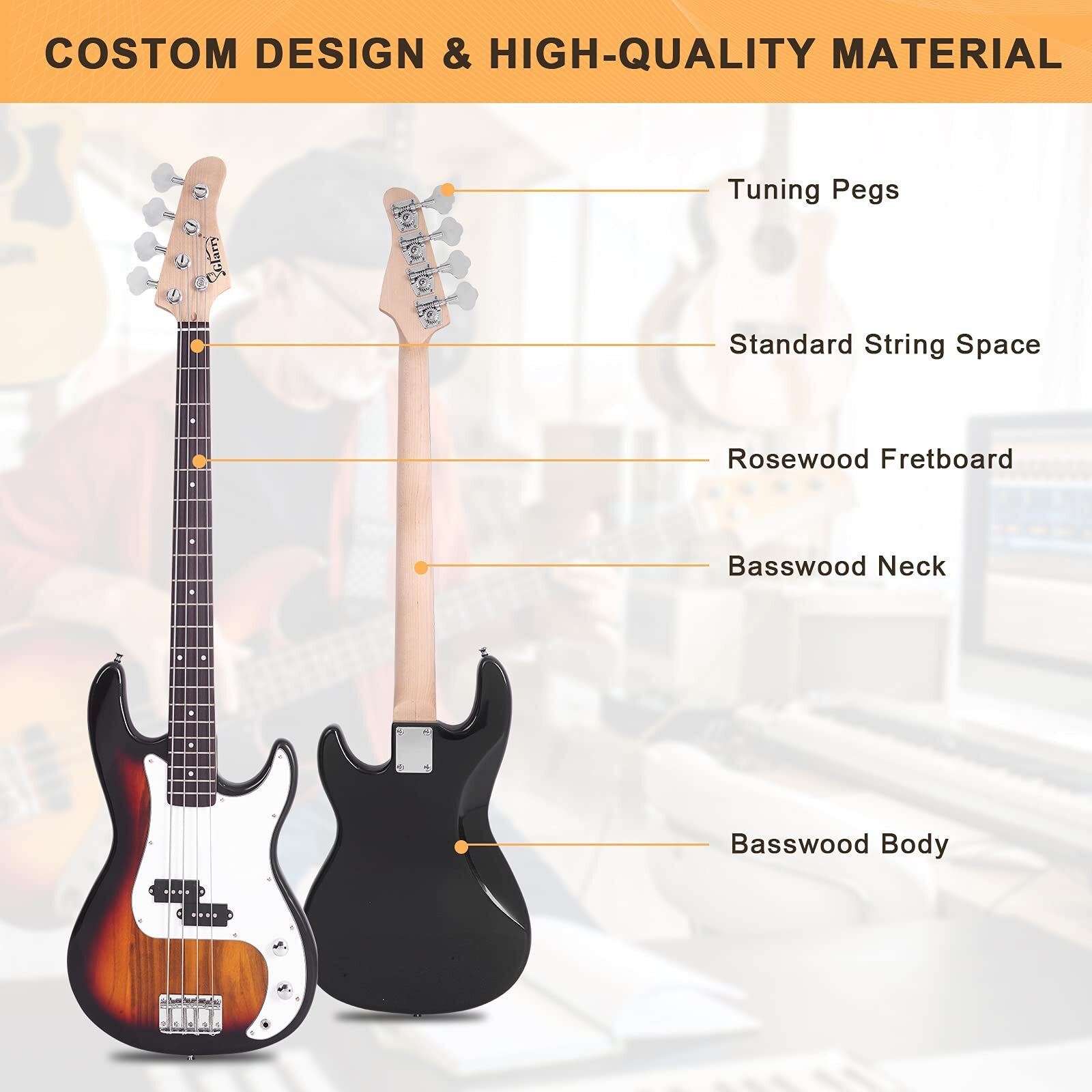 Glarry Electric Bass Guitar Full Size 4 String Rosewood Basswood Fire Style Exquisite Burning Bass (Sunset)