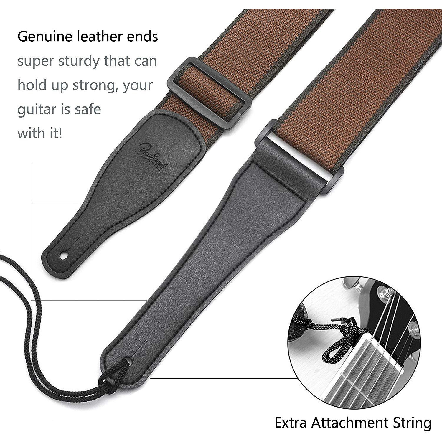 Bestsounds Acoustic Guitar Strap, Soft Cotton & Leather Ends Strap For Electric & Bass Guitars Come With 1 Button & 2 Locks