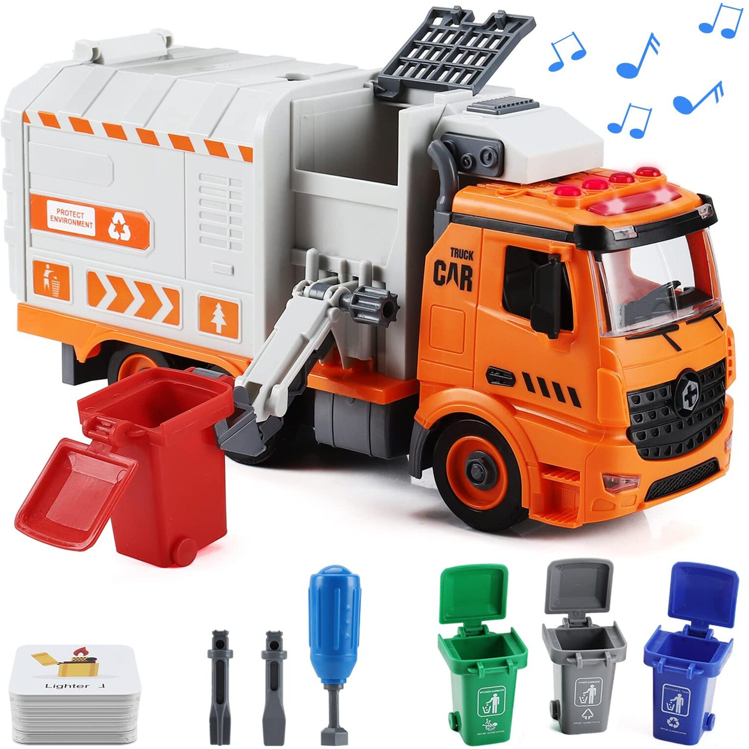 Flanney Garbage Truck Toys, Diy Realistic Recycling Trash Truck Toy With Light And Sound, 4 Trash Cans, Gifts For 3 4 5 6 7 8 Year Old Boys Girls Toddlers