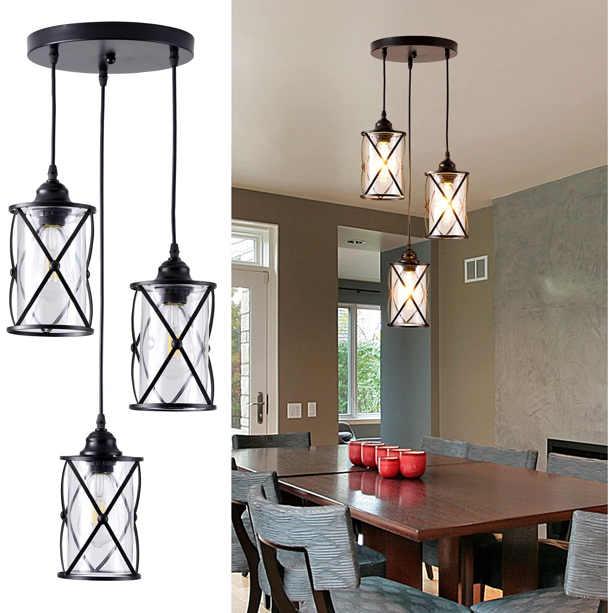Dumaiway Industrial Pendant Light, 3-Light Metal Cage Rustic Hanging Pendant Lights Fixture Ceiling With Glass Shade For Kitchen Island, Dining Room, Cafe, Farmhouse, Foyer (Black E26 Base)