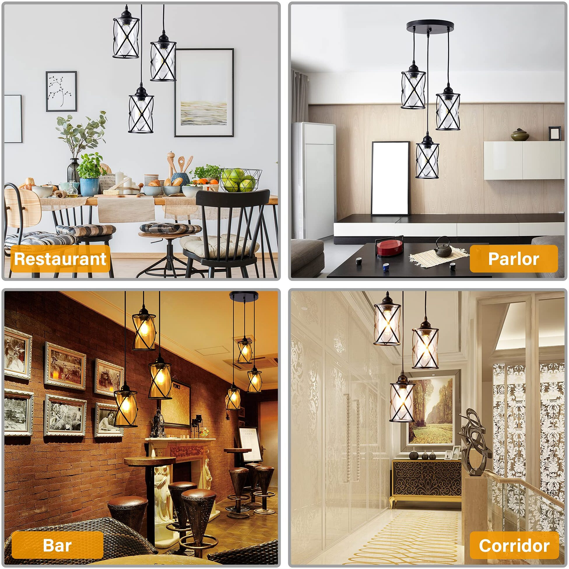 Dumaiway Industrial Pendant Light, 3-Light Metal Cage Rustic Hanging Pendant Lights Fixture Ceiling With Glass Shade For Kitchen Island, Dining Room, Cafe, Farmhouse, Foyer (Black E26 Base)