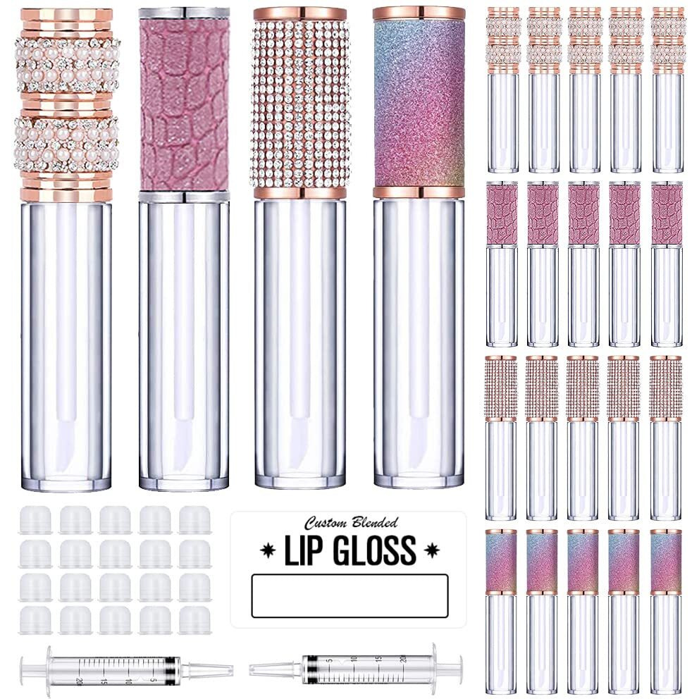Amorix 20 Pack Diamond Lip Gloss Tubes With Wand 5Ml Empty Rhinestone Cute Lipgloss Bottles/Containers Crystal Lip Gloss Supplies Kit + 2Pcs Syringes + Labels For Diy Lip Gloss Base