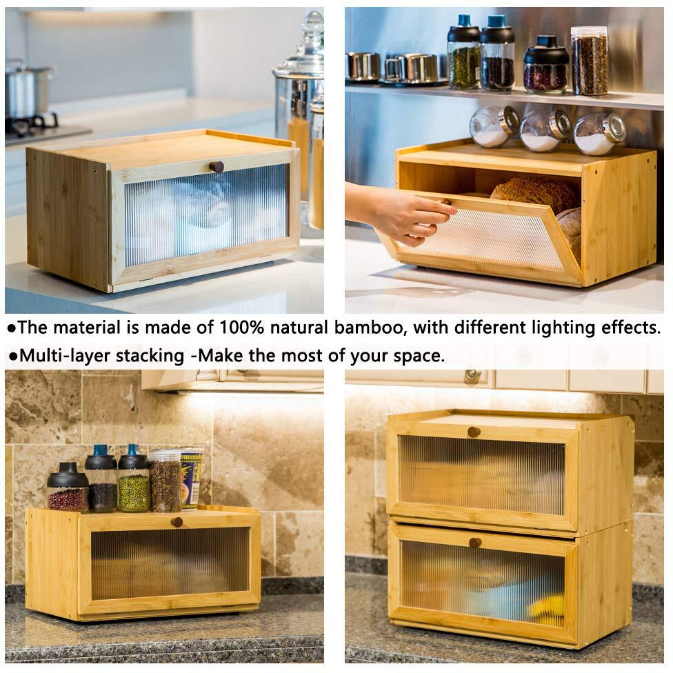 Etmi Bamboo Bread Box For Kitchen Counter-Large Capacity Bread Storage Container Farmhouse Bread Box With Window Bread Holder