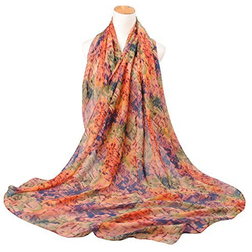 Sibalasi--Women Mixed Color Cotton Voile Scarf Colorful Printed Summer Shawl Autumn Winter Scarves Beachwear Wrap (Navy-Blue)