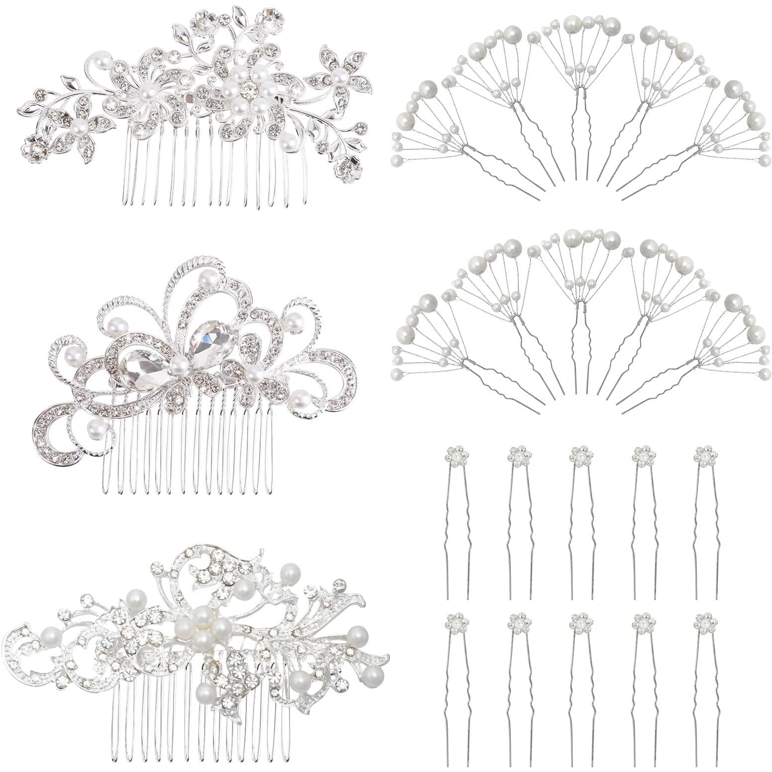 Moamun 23Pcs Wedding Hair Comb Set, Bridal Hair Accessories, Rhinestone Hairs Combs Crystal Pearl Hairs Pins Clips For Bridesmaids Flower Girl Prom