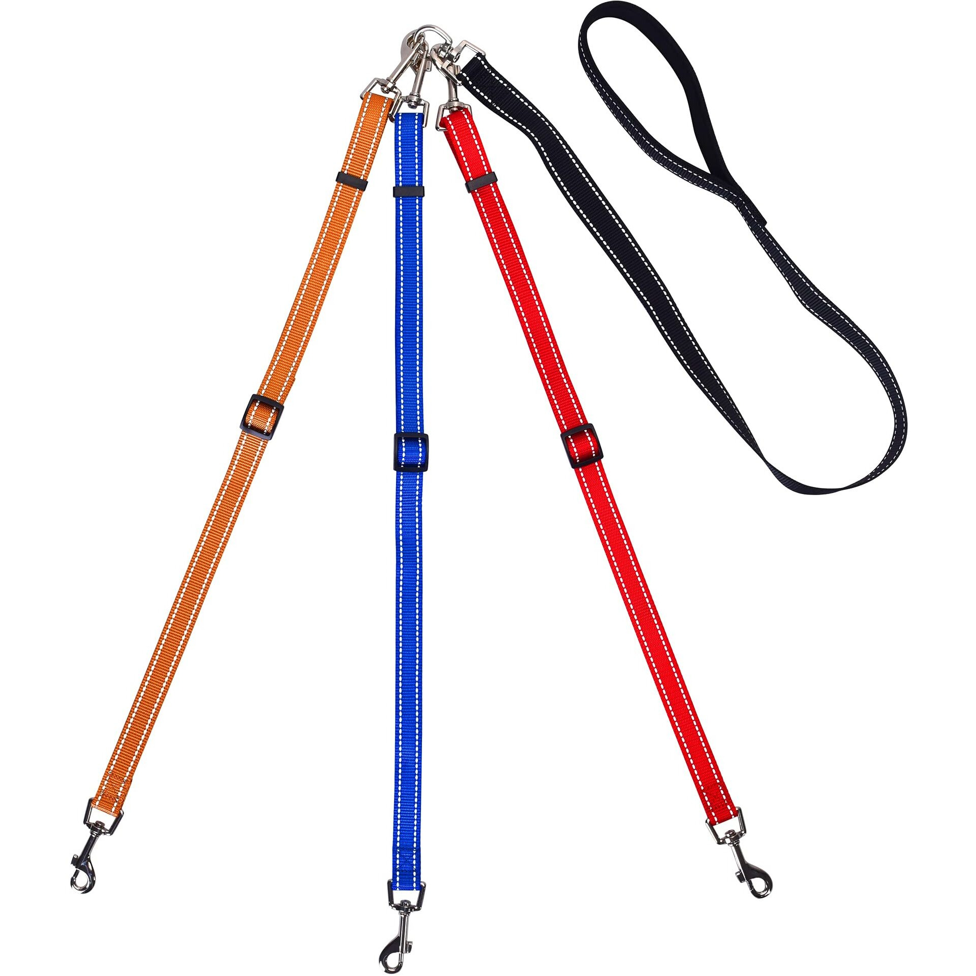 3 Way Dog Leash Reflective Adjustable Coupler No Tangle Detachable 3 In 1 Multiple Dog Leash With Soft Padded Handle For 1 2 3 Dog Pet Cat Puppy Walking Training (3 Way Multi-Color)