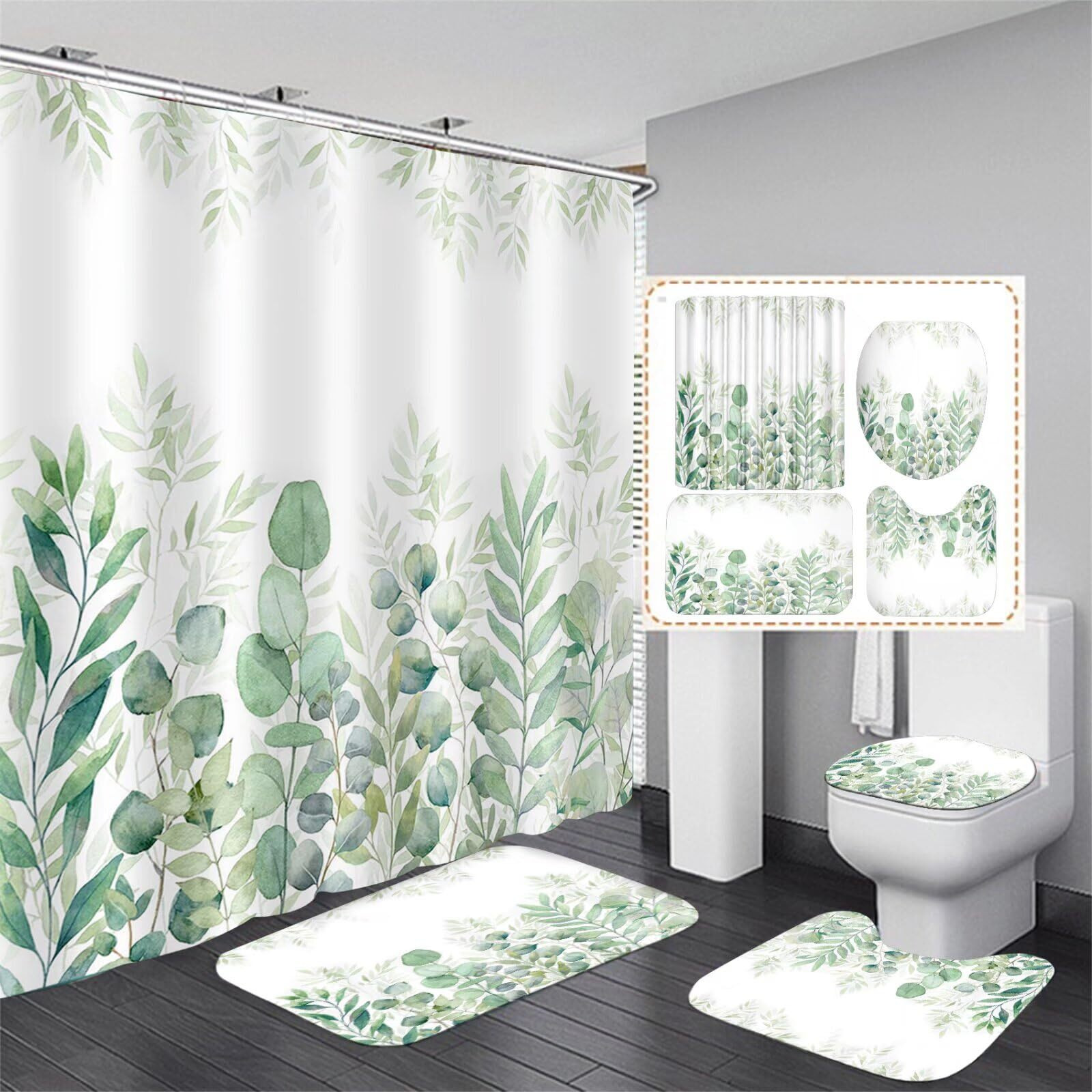 Ddqq Green Leaves Shower Curtain Sets With Non-Slip Rug, Toilet Lid Cover And Bath Mat, Plant Leaves Shower Curtain Sets With 12 Hooks, Shower Curtain For Bathroom Set Decor