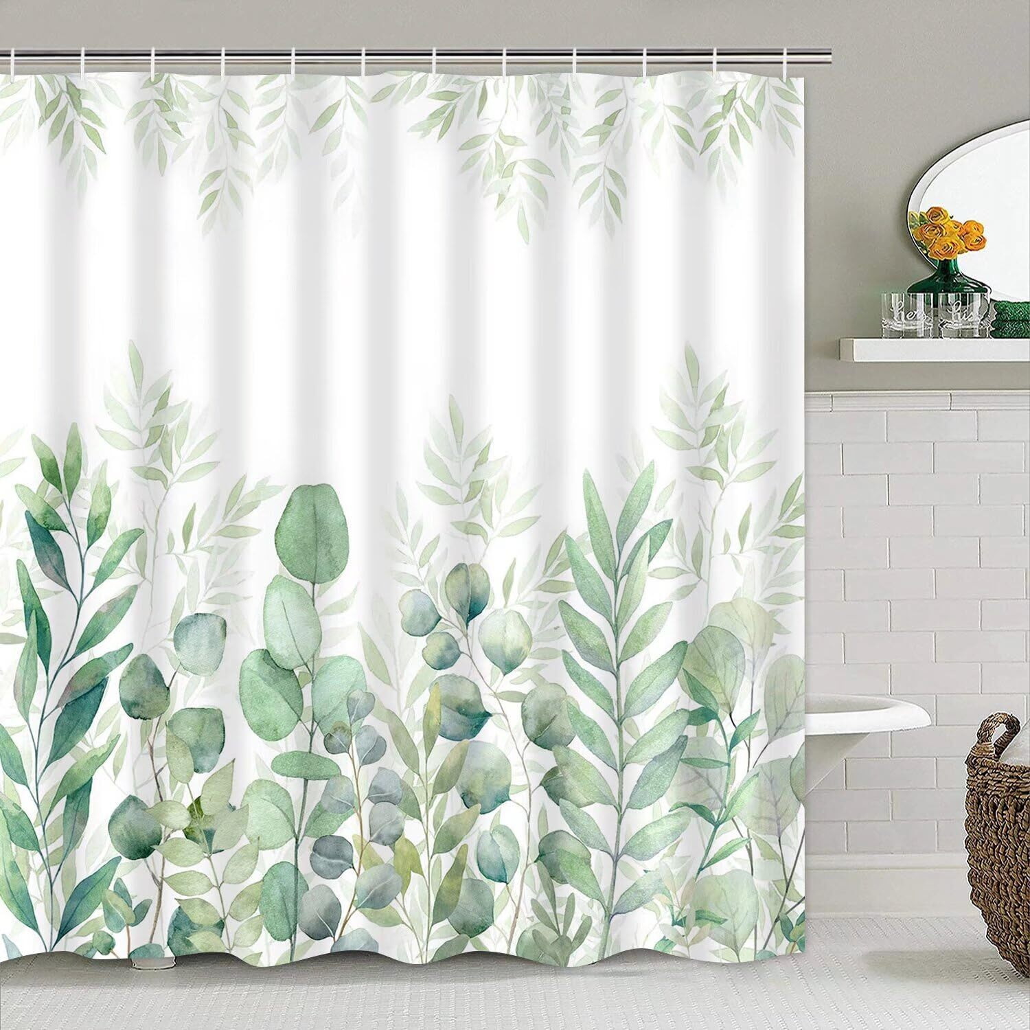 Ddqq Green Leaves Shower Curtain Sets With Non-Slip Rug, Toilet Lid Cover And Bath Mat, Plant Leaves Shower Curtain Sets With 12 Hooks, Shower Curtain For Bathroom Set Decor