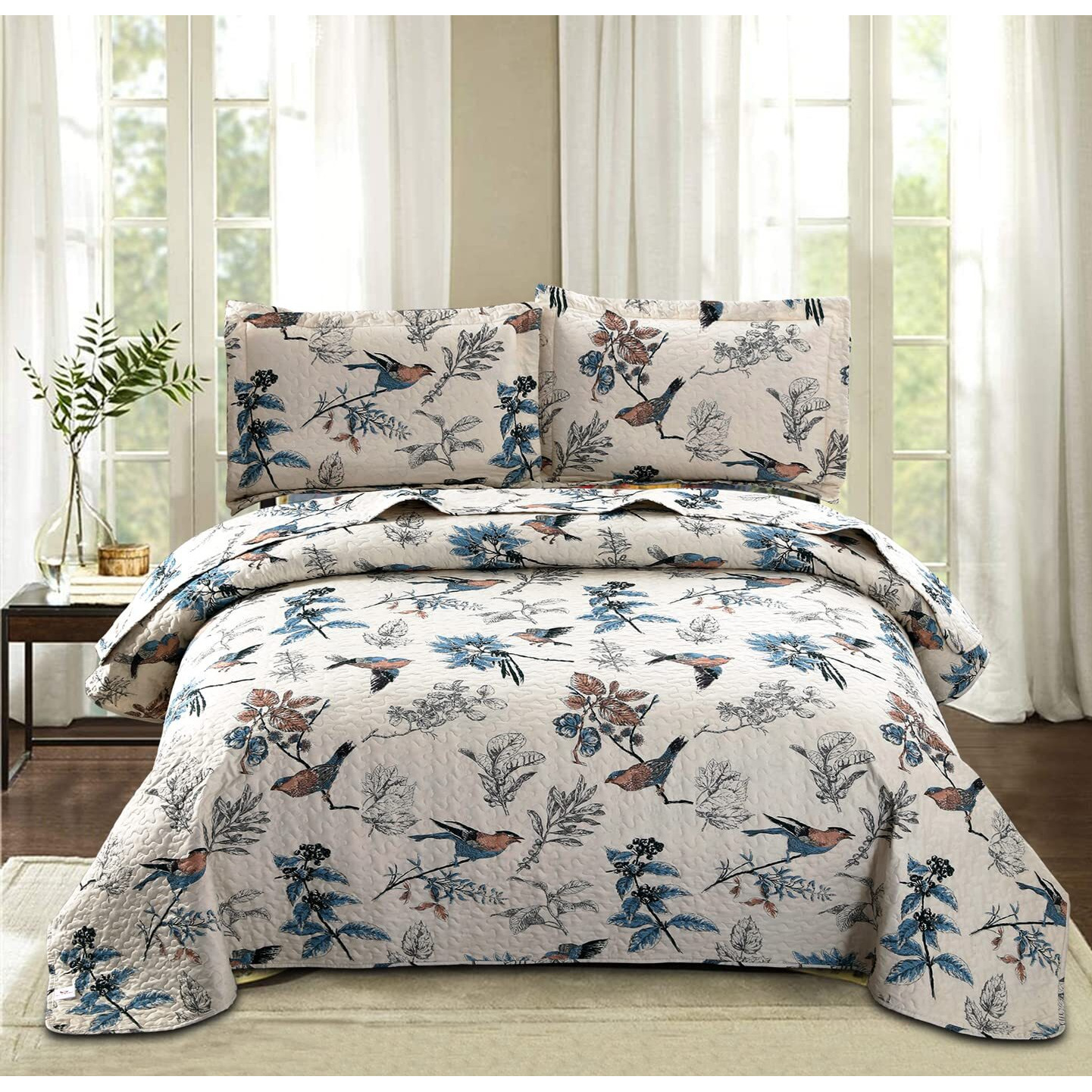 Quilt Set Queen Size Bedspread Coverlet Queen Quilt Bedding Country Farmhouse Quilt Reversible Bedding Lightweight Quilt Bedspread Set Queen Grey Leaves Floral Bird Print Home Quilt Collection Bedding