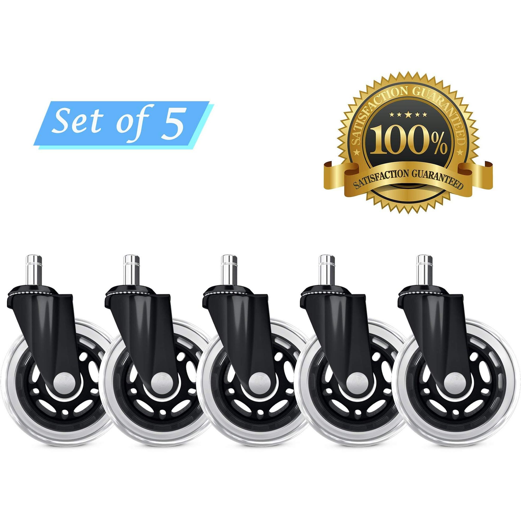 Office Chair Caster Wheels Set Of 5 Heavy Duty & Safe For All Floors Including Hardwood 3"" Rubber Replacement For Desk Floor Mats