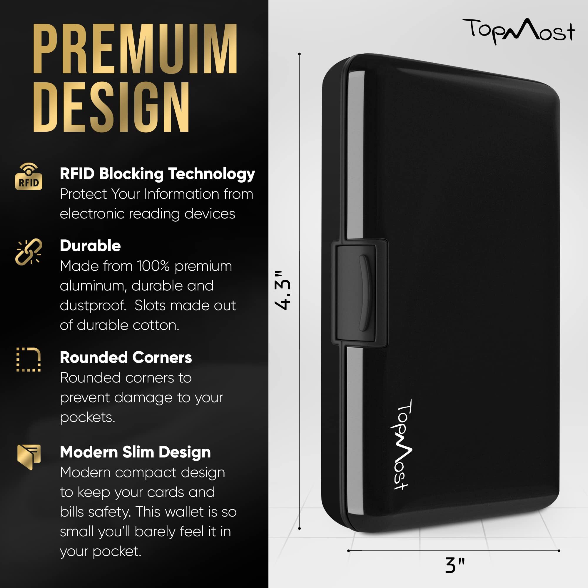 Topmost Aluminum Wallet, Card Case Wallet, Metal Rfid Credit Card Holder For Men & Women, 6 Cotton Slots For 12 Cards And Bills, Rfd Protective (Black)