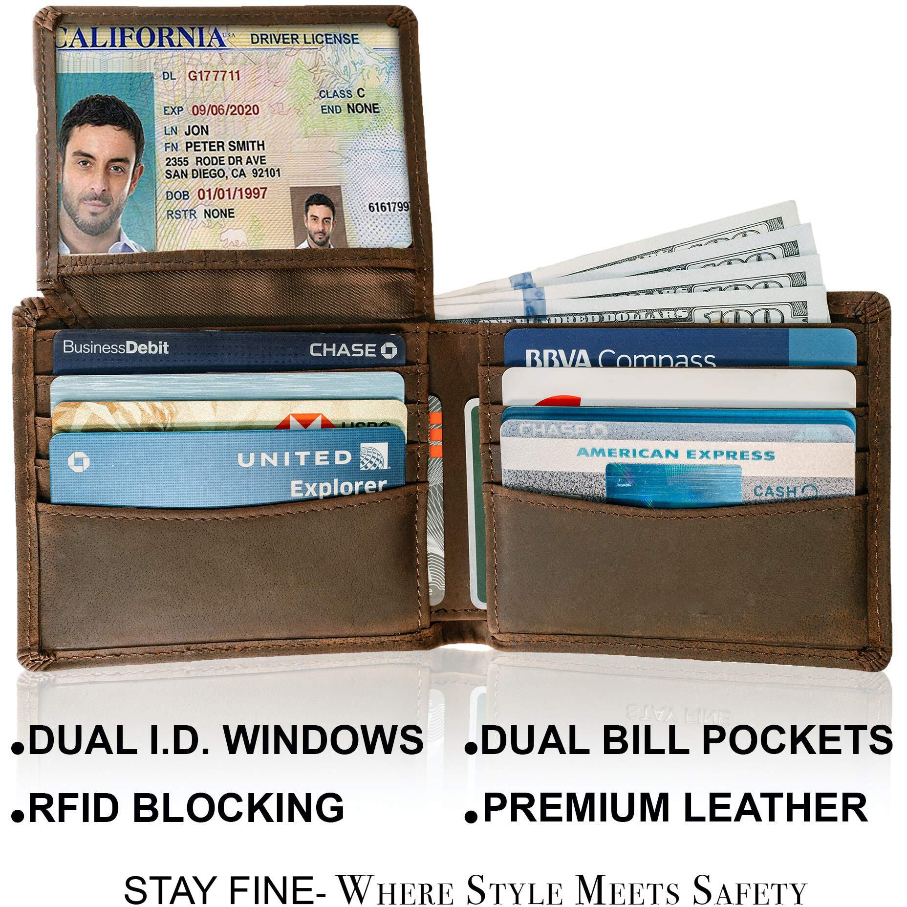 Stay Fine Top Grain Leather Wallet For Men | Rfid Blocking | Bifold, Extra Capacity With 2 Id Windows | Ultra Strong Stitching | Slim Billfold With 8 Card Slots | Gift For Him