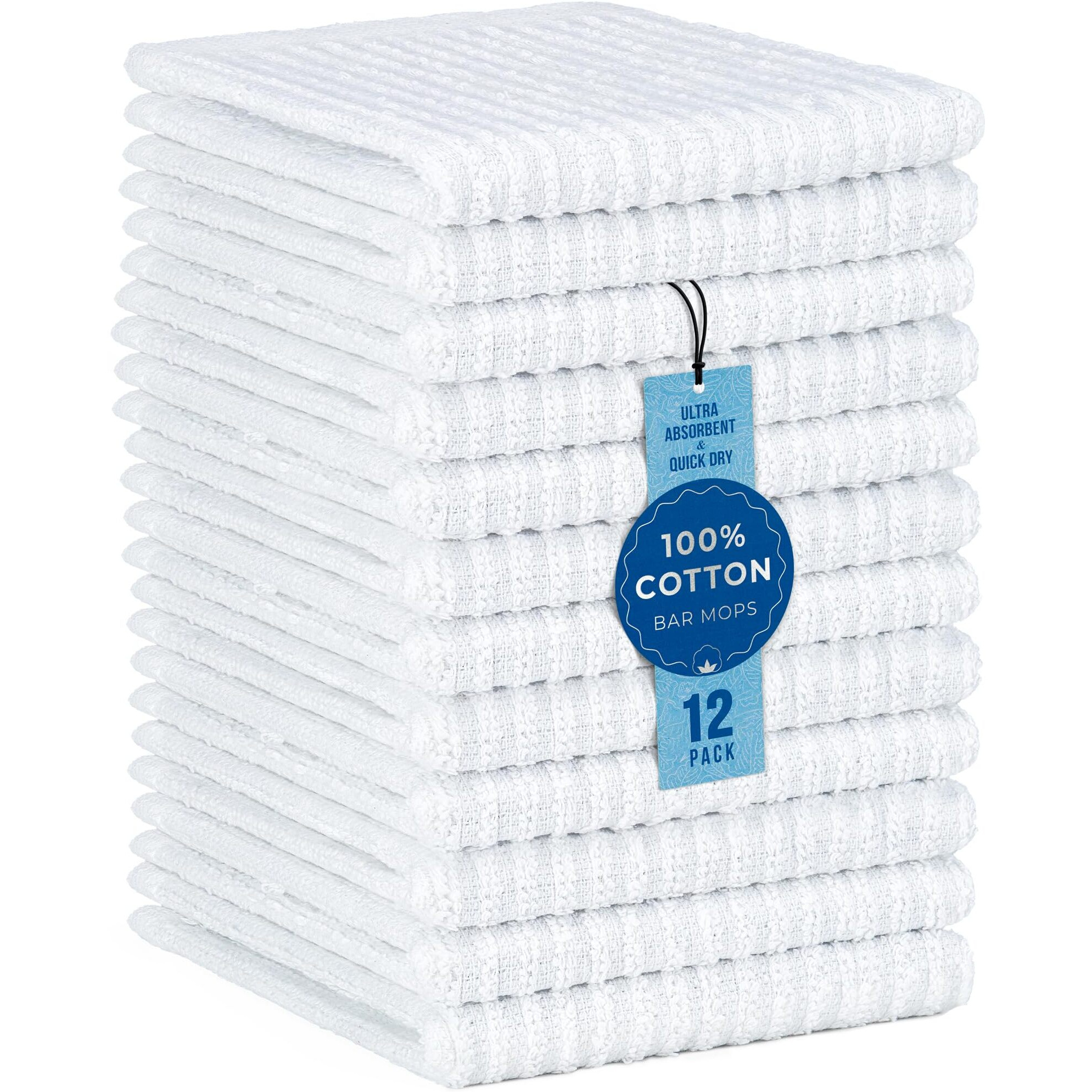 Decorrack 12 Pack 100% Cotton Kitchen Towels For Cleaning, 12 X 12 Inch, Ultra Absorbent Bar Mops, Heavy Duty, Quick Dry, Machine Washable Dish Towels, Multi-Purpose Cleaning Supplies, White (12 Pack)