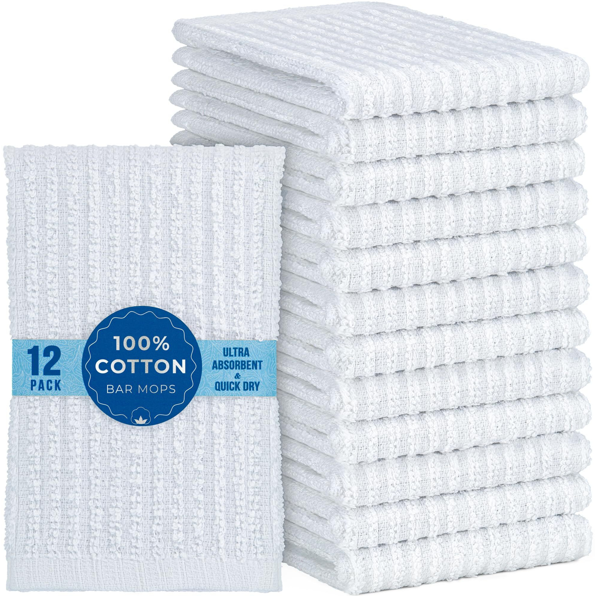 Decorrack 12 Pack 100% Cotton Kitchen Towels For Cleaning, 12 X 12 Inch, Ultra Absorbent Bar Mops, Heavy Duty, Quick Dry, Machine Washable Dish Towels, Multi-Purpose Cleaning Supplies, White (12 Pack)