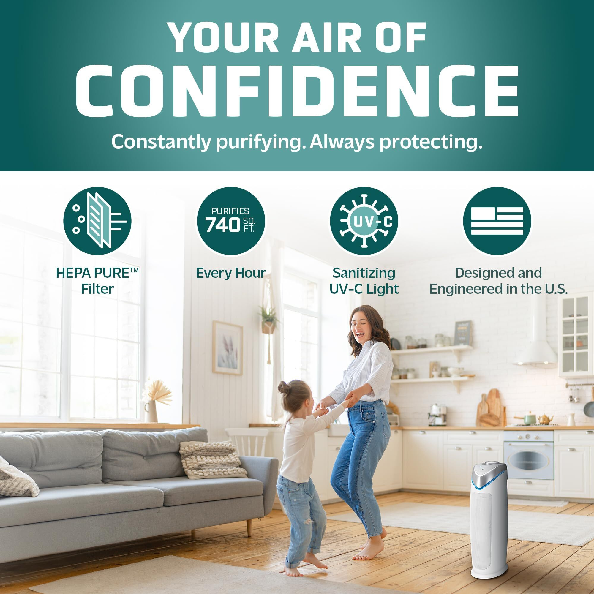 Germguardian Air Purifier With Hepa 13 Filter, Removes 99.97% Of Pollutants, Covers 743 Sq. Foot Room In 1 Hour, Uv-C Light Helps Reduce Germs, 22 Inch, 2-Pack, White, Ac4825W2Pk