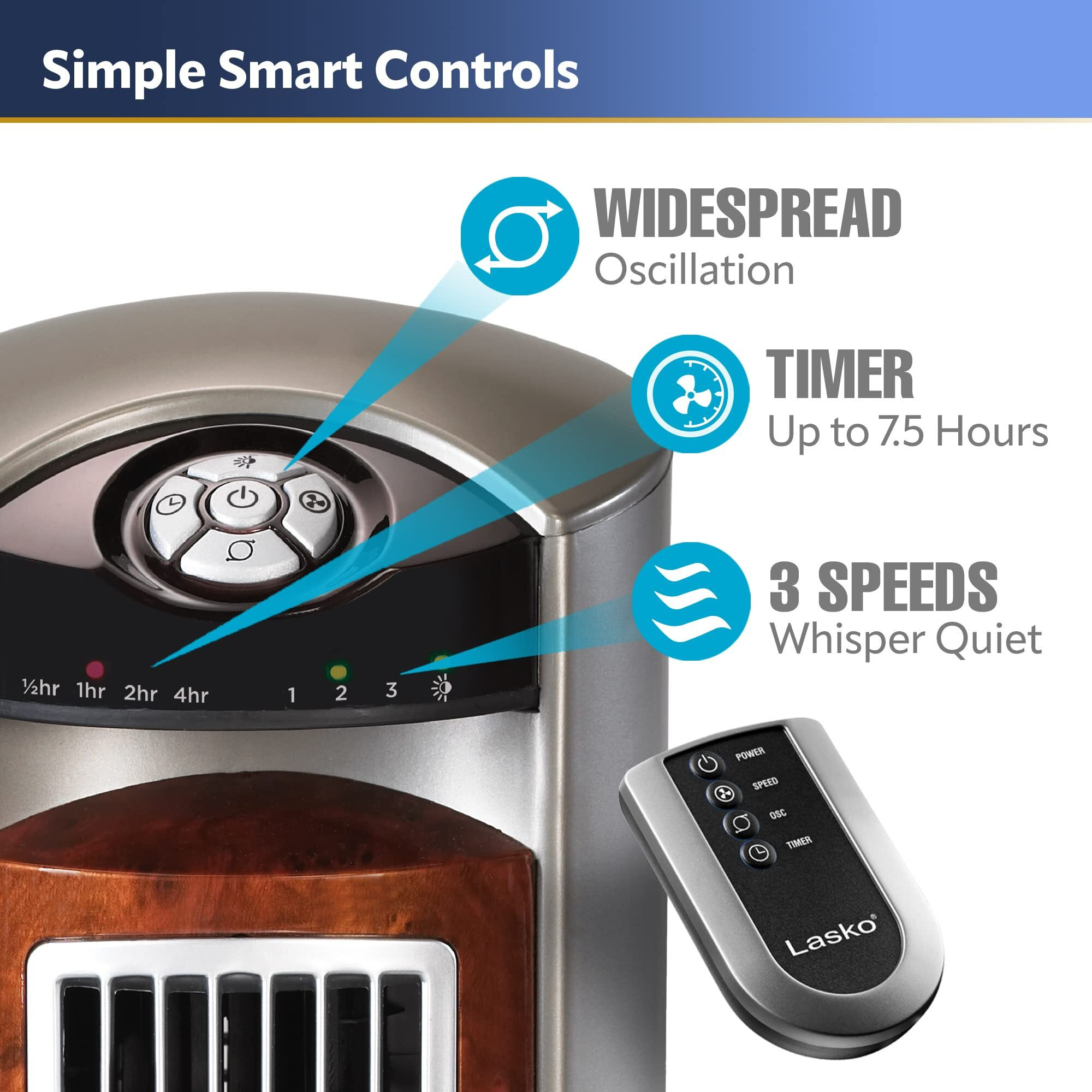Lasko Oscillating Tower Fan, Nighttime Setting, Remote Control, Portable, Timer, For Bedroom, Home And Office, 3 Quiet Speeds, 42.5"", Silverwood, T42954, Woodgrain And Grey