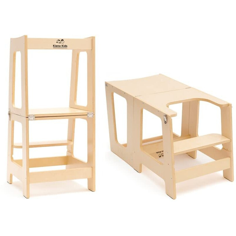 Learning Toddler Desk & Toddler Tower - Foldable 2 In 1 Kitchen Stool & Desk For Toddlers. Convenient Toddler Standing Tower, Converts Into A Toddler Table / Desk For Toddler (Natural Wood)