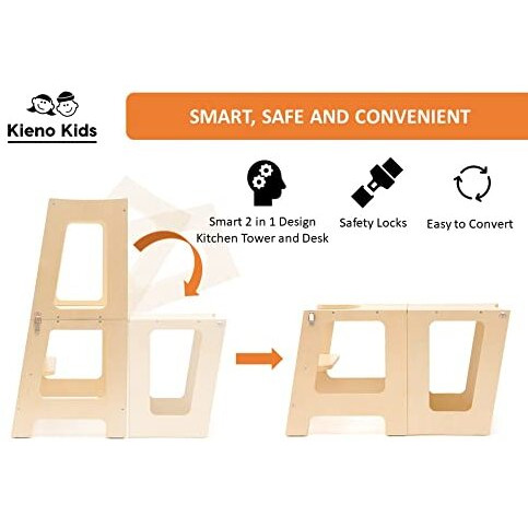 Learning Toddler Desk & Toddler Tower - Foldable 2 In 1 Kitchen Stool & Desk For Toddlers. Convenient Toddler Standing Tower, Converts Into A Toddler Table / Desk For Toddler (Natural Wood)