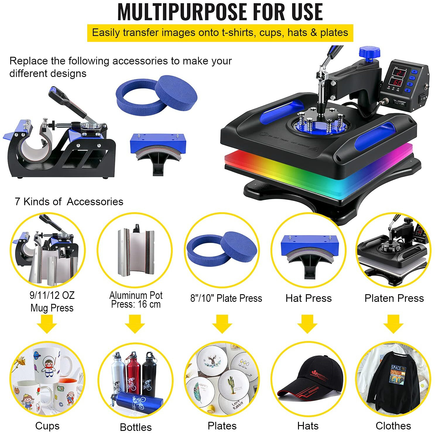 Vevor 8 In 1 Heat Press Machine 15X15 Inch, 360 Swing Away Shirt Press Machine - Digital Professional Heat Transfer Tshirt Press Machine, Sublimation Heat Press For T Shirts Hat Cap Mug Plate Blue