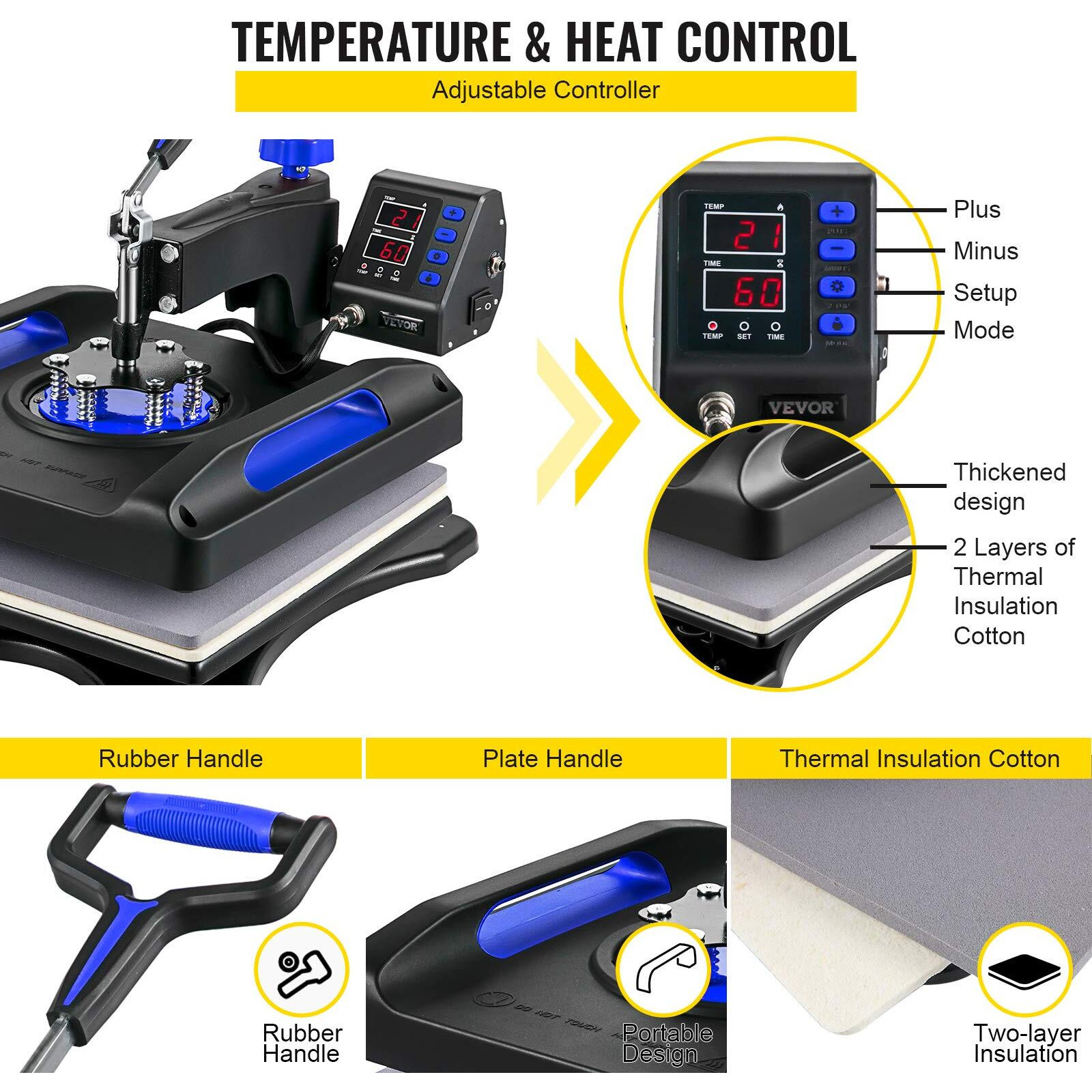 Vevor 8 In 1 Heat Press Machine 15X15 Inch, 360 Swing Away Shirt Press Machine - Digital Professional Heat Transfer Tshirt Press Machine, Sublimation Heat Press For T Shirts Hat Cap Mug Plate Blue