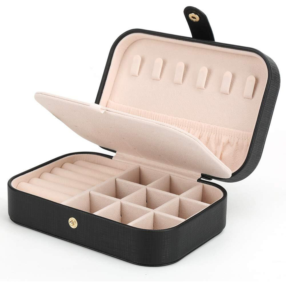 Feiscon Small Jewelry Box Necklace Ring Storage Organizer Mini Jewelry Case Double Layer Travel Jewelry Organizer For Women Girls Gift/Black
