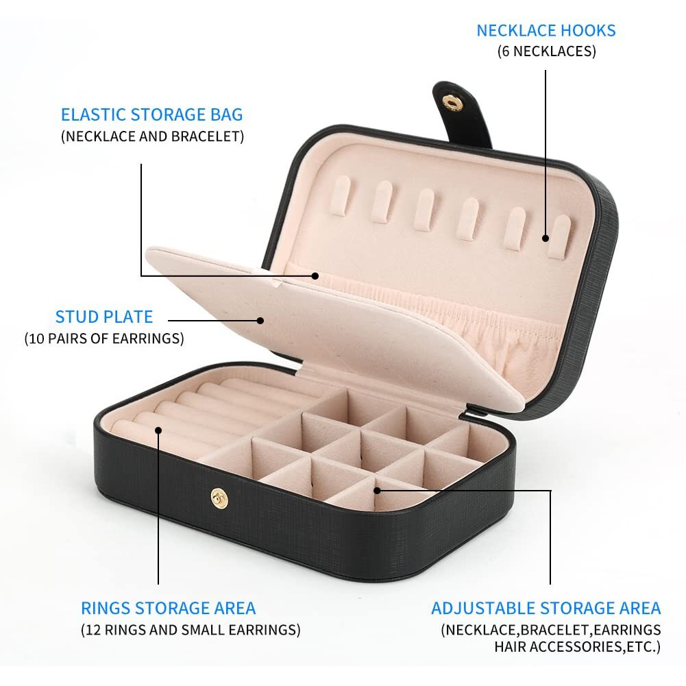 Feiscon Small Jewelry Box Necklace Ring Storage Organizer Mini Jewelry Case Double Layer Travel Jewelry Organizer For Women Girls Gift/Black