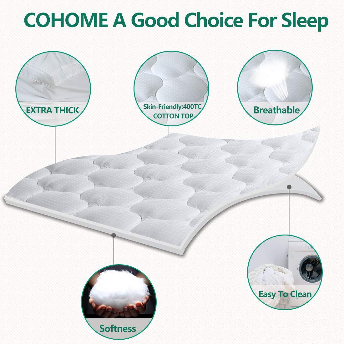 Cohome Mattress Topper Queen 1300 Gsm Extra Thick Cooling Mattress Pad 400Tc Cotton Top Plush Down Alternative Fill Pillow Top Mattress Cover (60X80 Inches, White-Luxury)