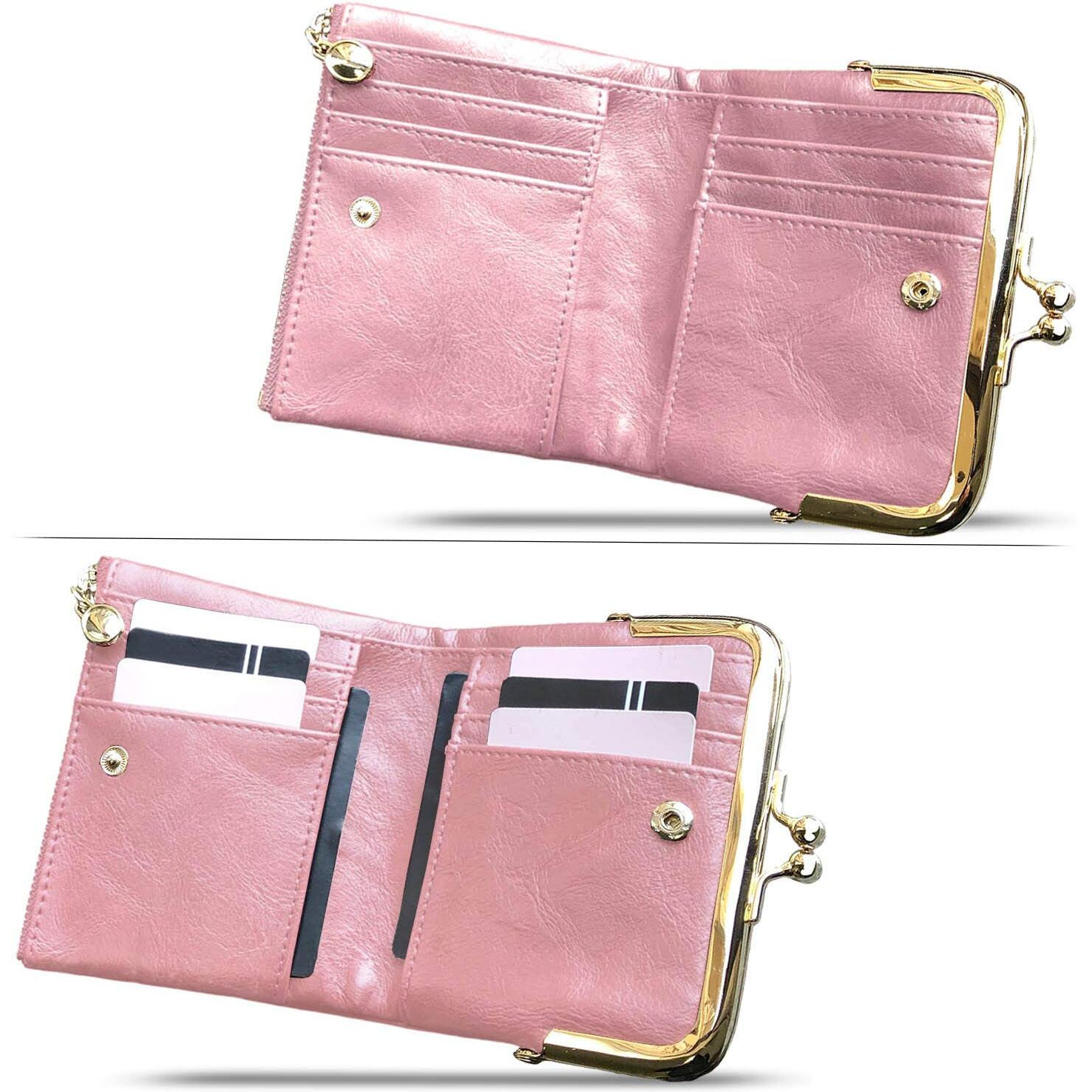 Pofeexio Womens Wallet Rfid Small Compact Bifold Leather Vintage Wallet,Ladies Coin Purse With Zipper And Kiss Lock (Pink)