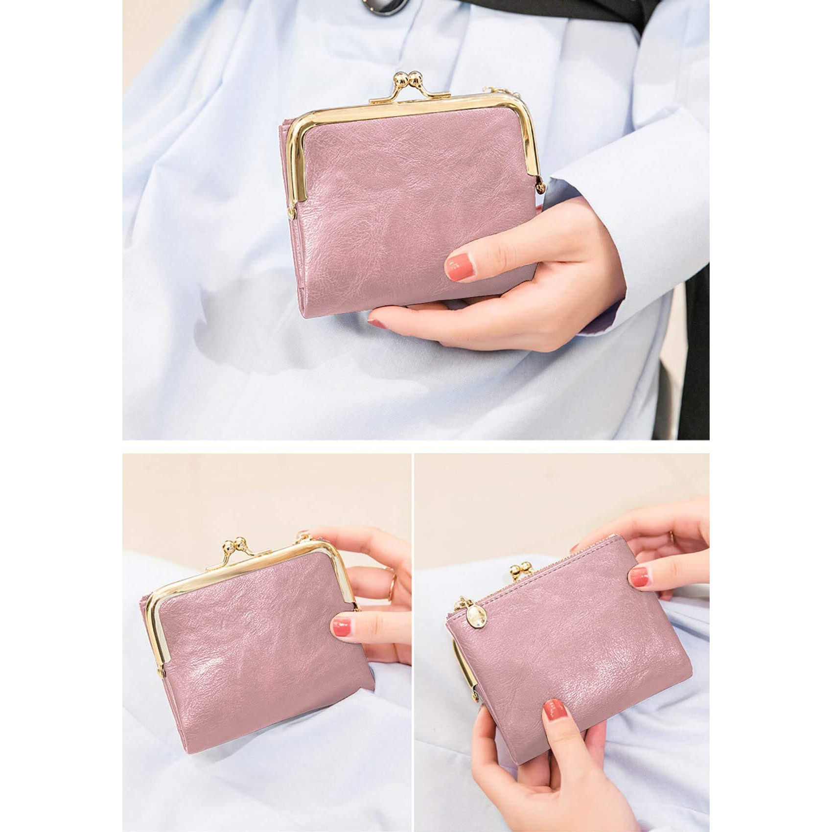 Pofeexio Womens Wallet Rfid Small Compact Bifold Leather Vintage Wallet,Ladies Coin Purse With Zipper And Kiss Lock (Pink)
