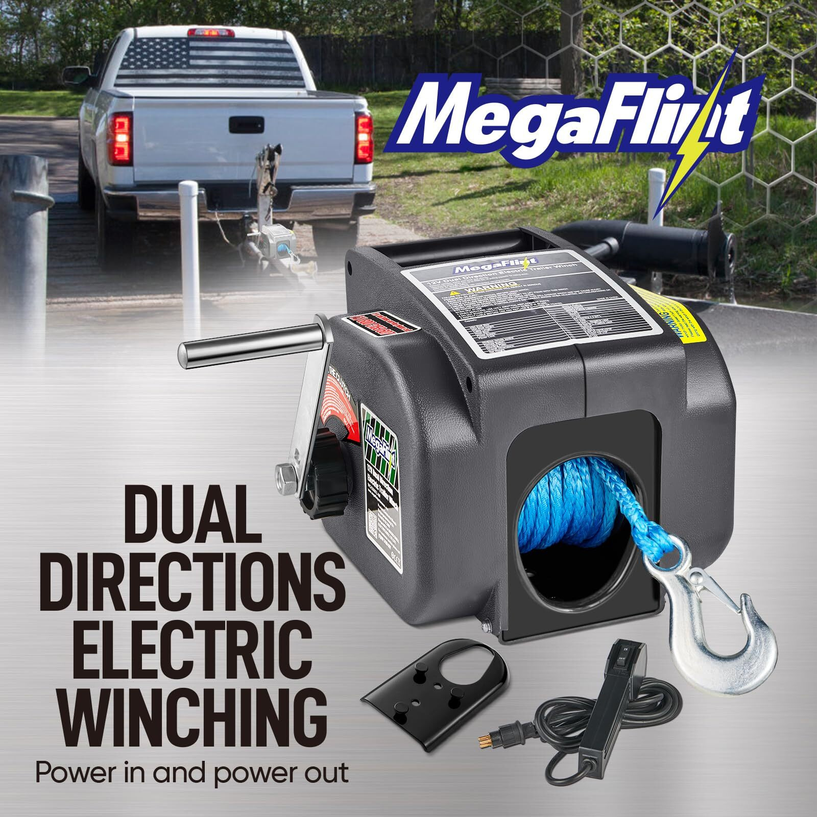 Megaflint Trailer Winch,Reversible Electric Winch, For Boats Up To 6000 Lbs.12V Dc,Power-In, Power-Out, And Freewheel Operations,30% Higher Winching Power Than Regular 6000 Lbs Winch (5000Lbs Marine)