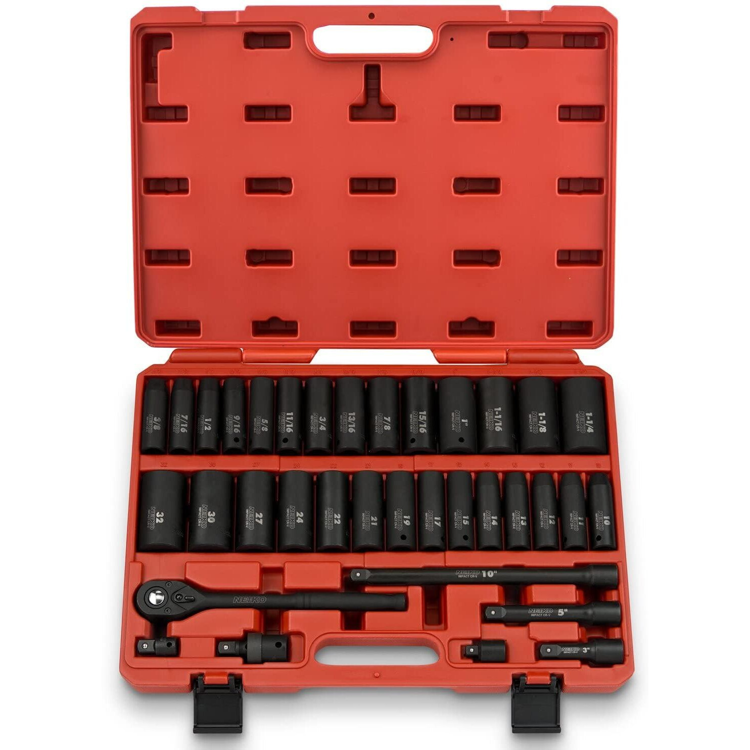 Neiko 02446A 1/2"" Impact Socket Set, 35 Piece, Deep Socket Kit Assortment, Standard Sae (3/8   -1-1/4   ) And Metric Mm (10-32Mm) Sizes, Includes Ratchet Handle And Impact Extension Bars
