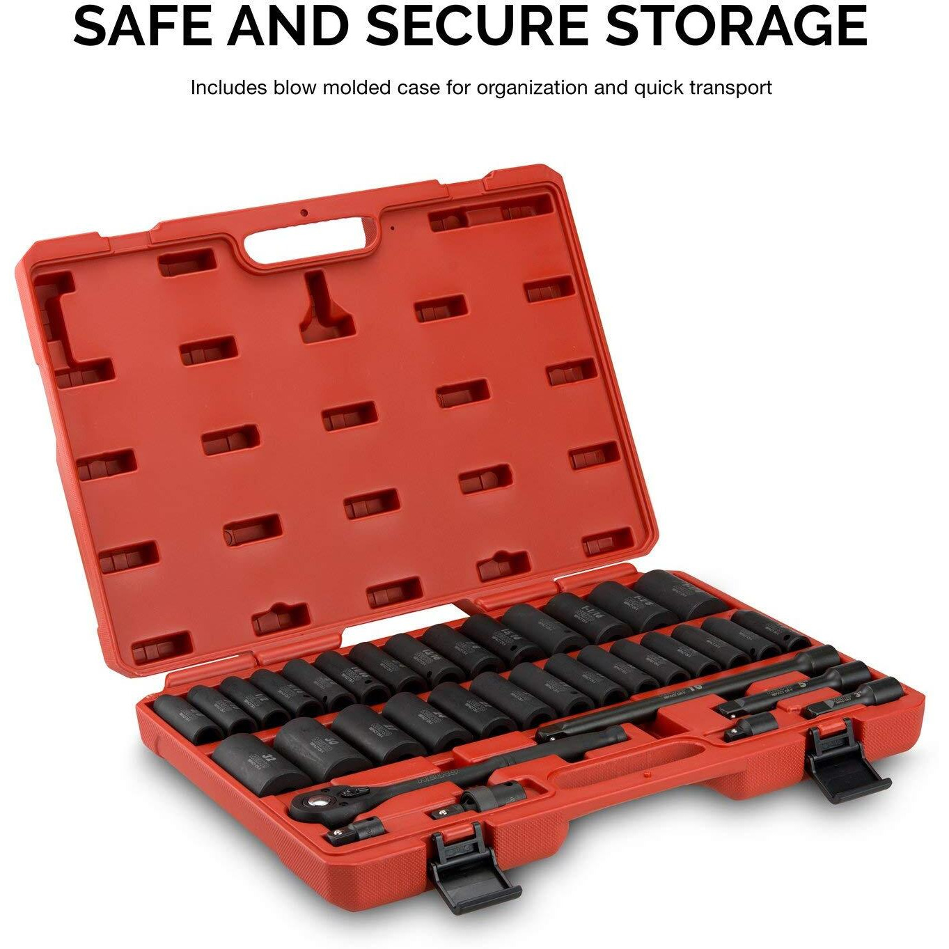 Neiko 02446A 1/2"" Impact Socket Set, 35 Piece, Deep Socket Kit Assortment, Standard Sae (3/8   -1-1/4   ) And Metric Mm (10-32Mm) Sizes, Includes Ratchet Handle And Impact Extension Bars