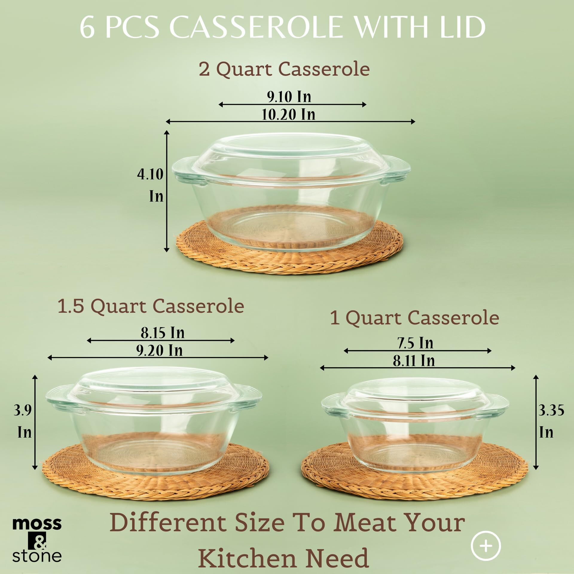Moss & Stone Basics 6-Piece Clear Glass Casserole Dishes For Oven With Lids, Durable Borosilicate Glass Bakeware Set, Glass Bowls Bakeware Dish Microwave Safe, 3 Size Round Casserole Dish With Lid